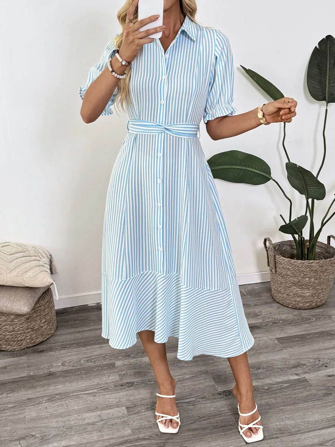 Striped Button - Down Midi Shirt Dress with Ruffle Sleeves - MAD RUFFI