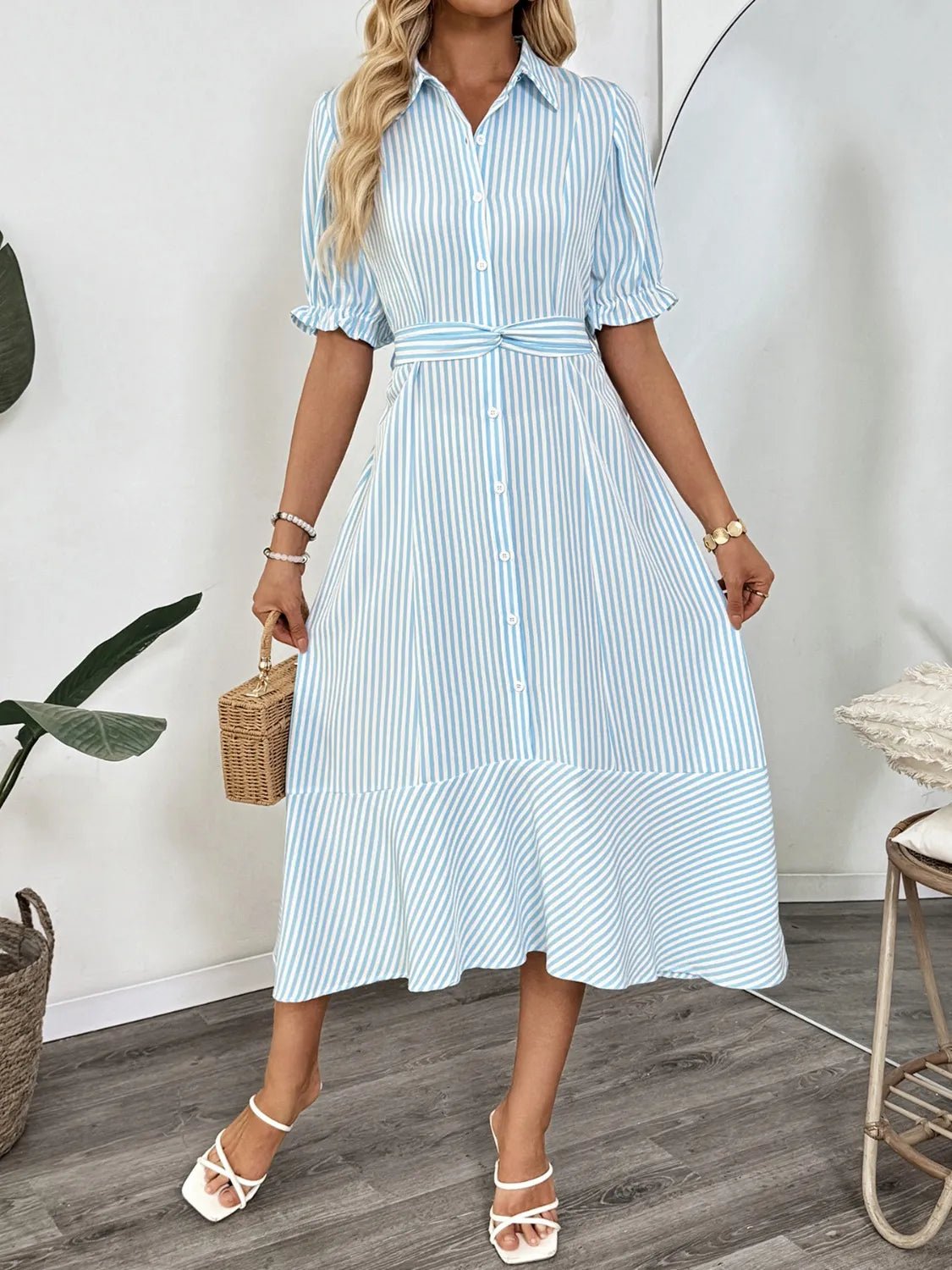 Striped Button - Down Midi Shirt Dress with Ruffle Sleeves - MAD RUFFI