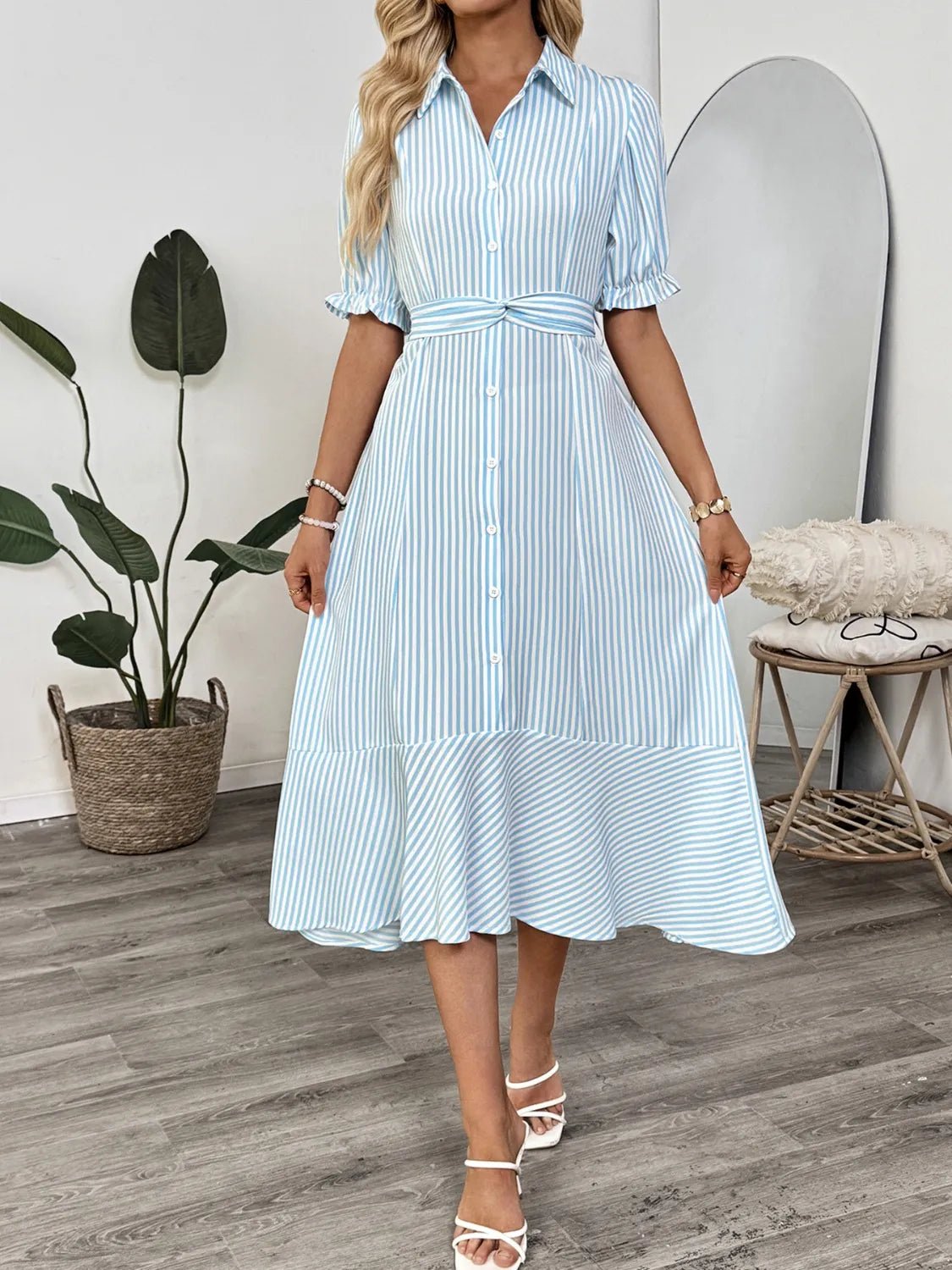 Striped Button - Down Midi Shirt Dress with Ruffle Sleeves - MAD RUFFI