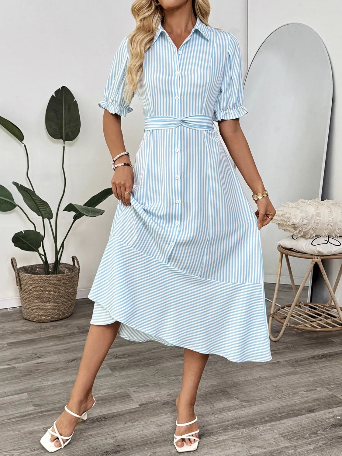 Striped Button - Down Midi Shirt Dress with Ruffle Sleeves - MAD RUFFI