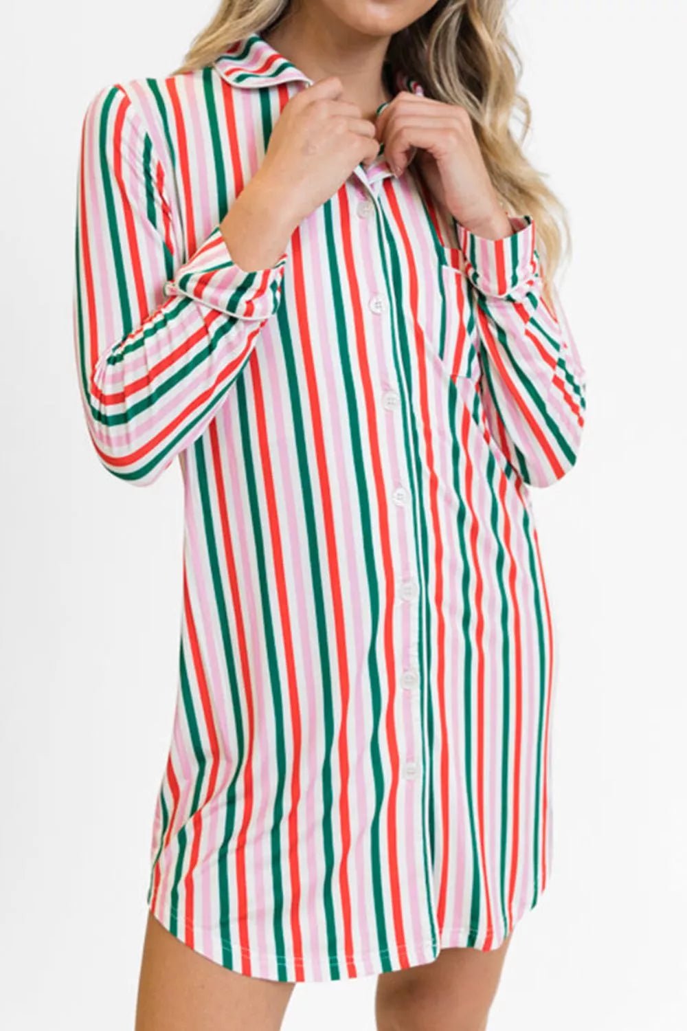 Striped Button Front Long Sleeve Shirt Dress - MAD RUFFI