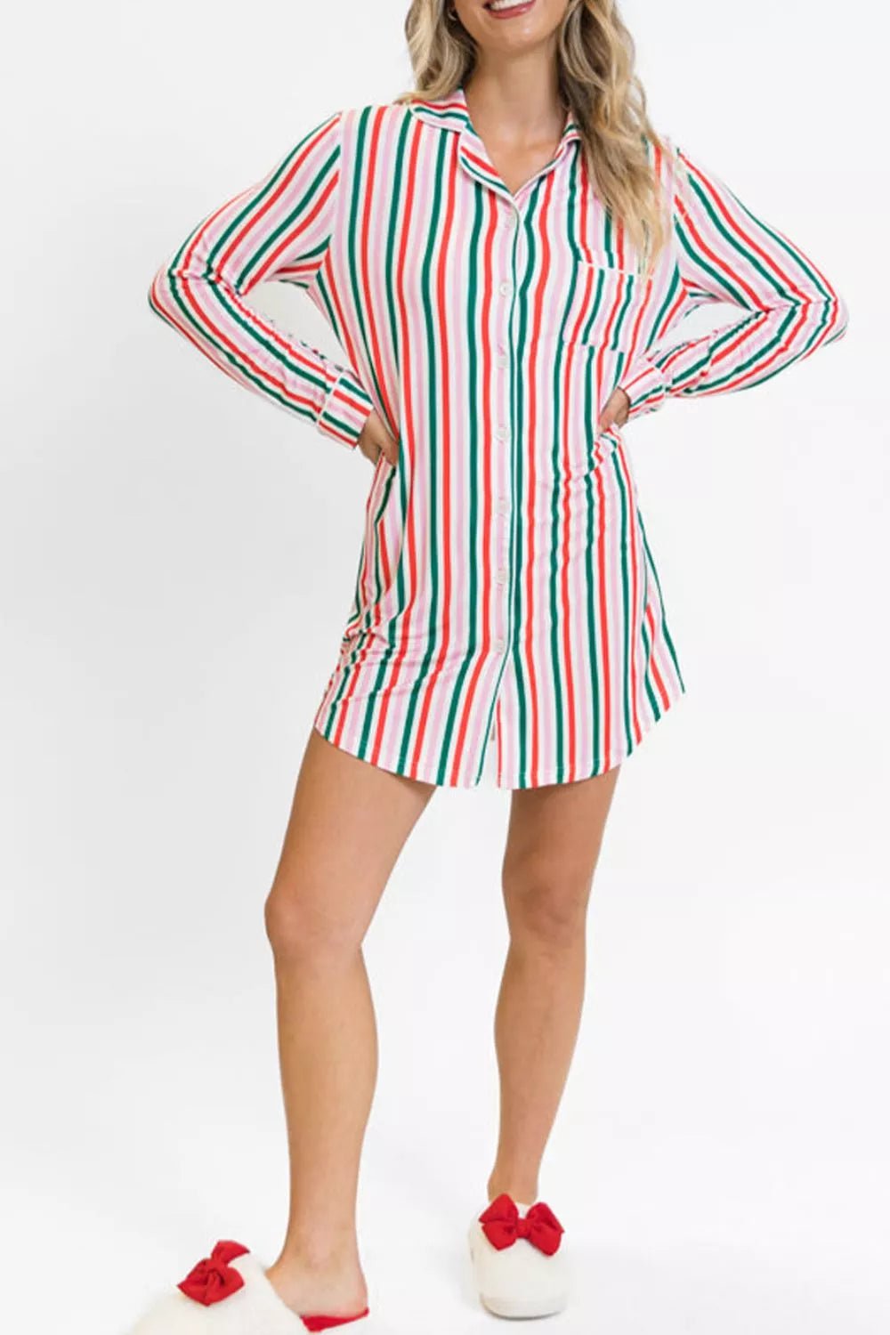 Striped Button Front Long Sleeve Shirt Dress - MAD RUFFI