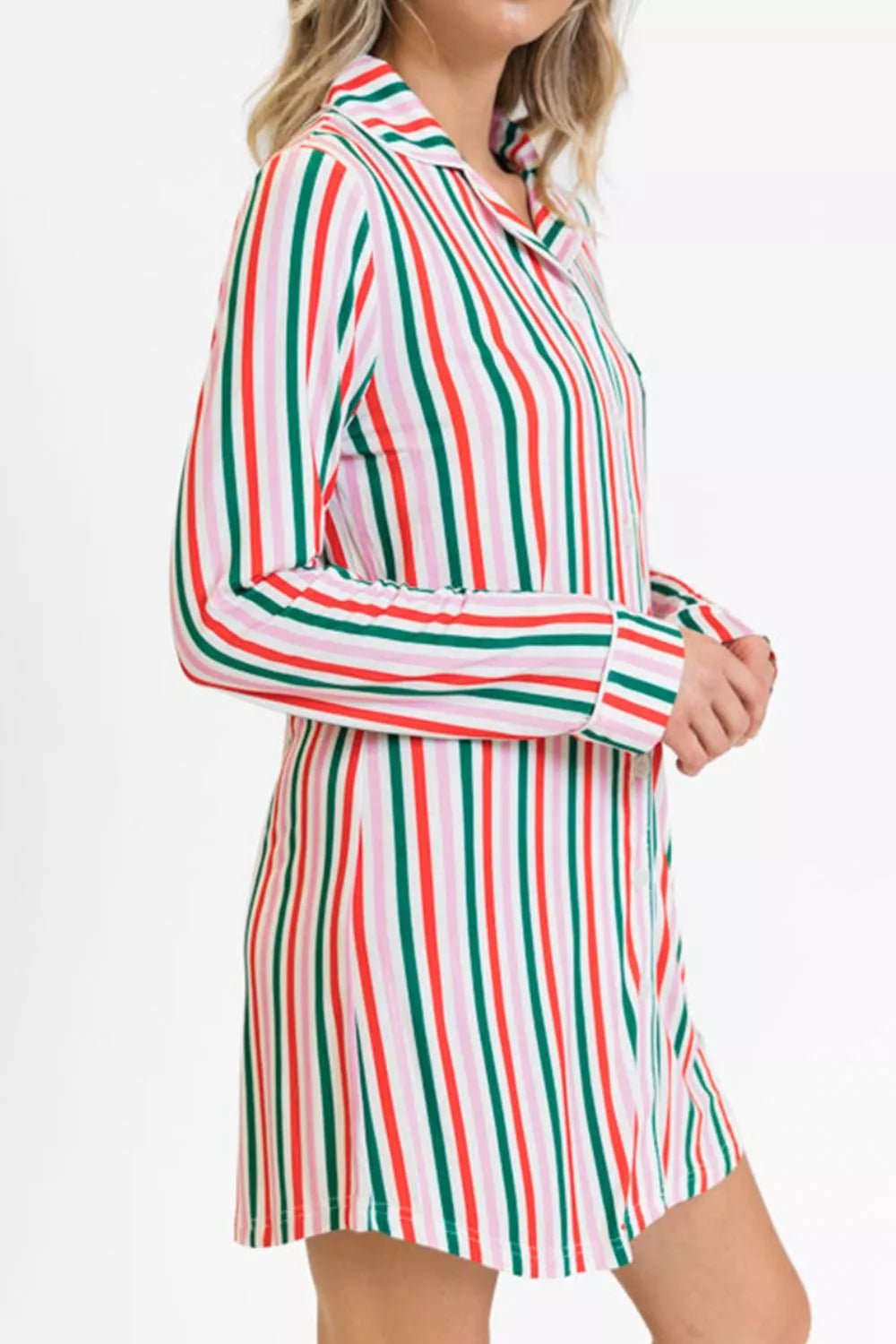 Striped Button Front Long Sleeve Shirt Dress - MAD RUFFI