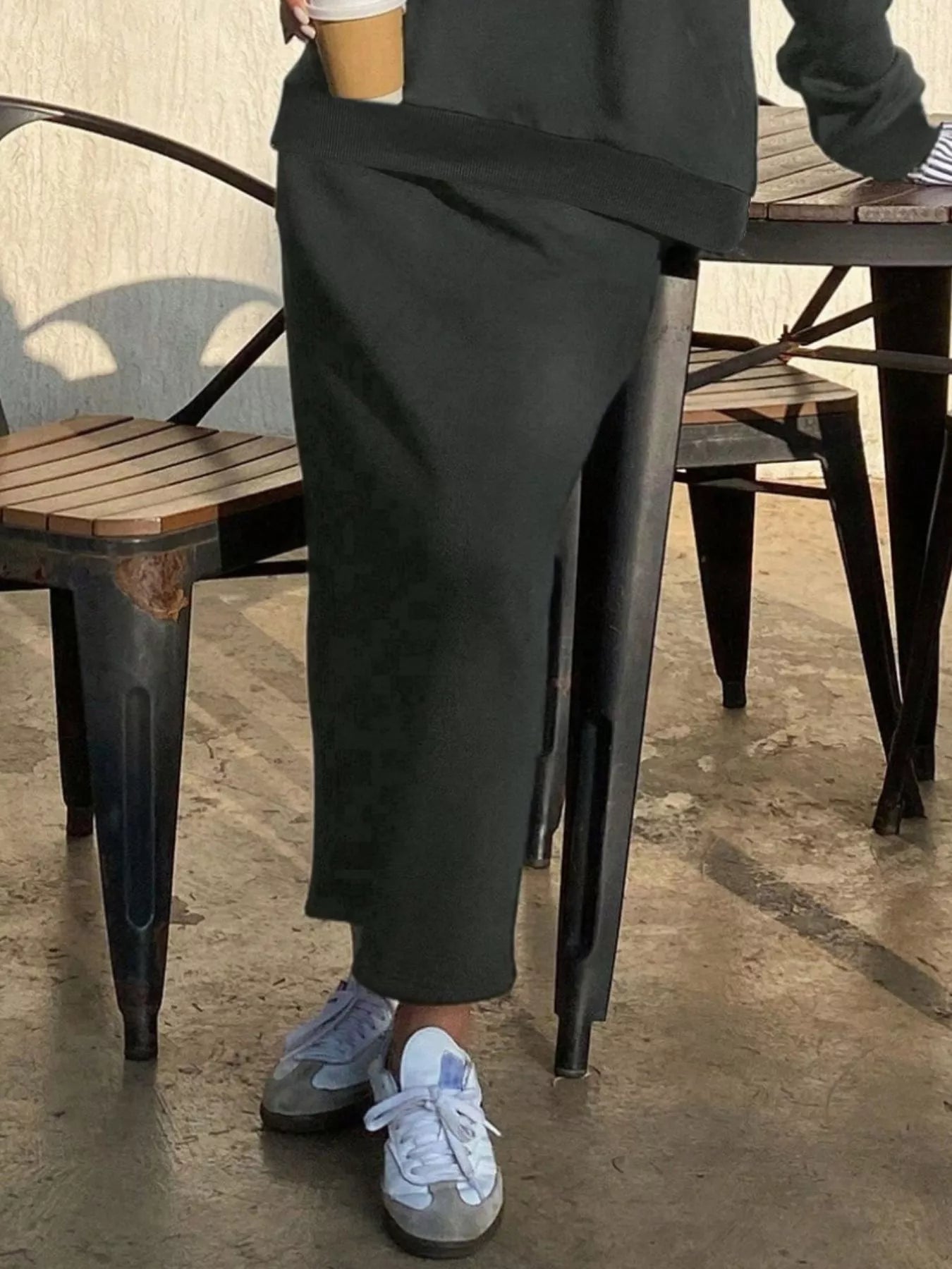 Striped Collar Sweatshirt and Slit Skirt Set - MAD RUFFI