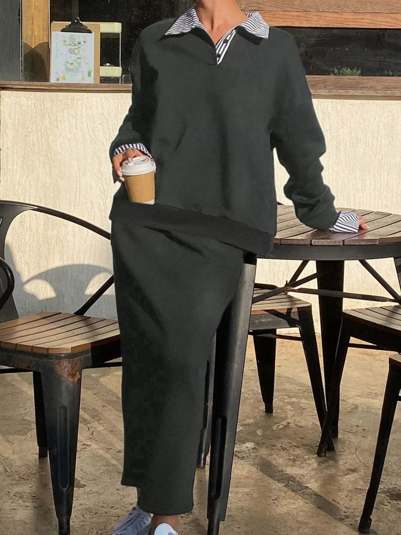 Striped Collar Sweatshirt and Slit Skirt Set - MAD RUFFI