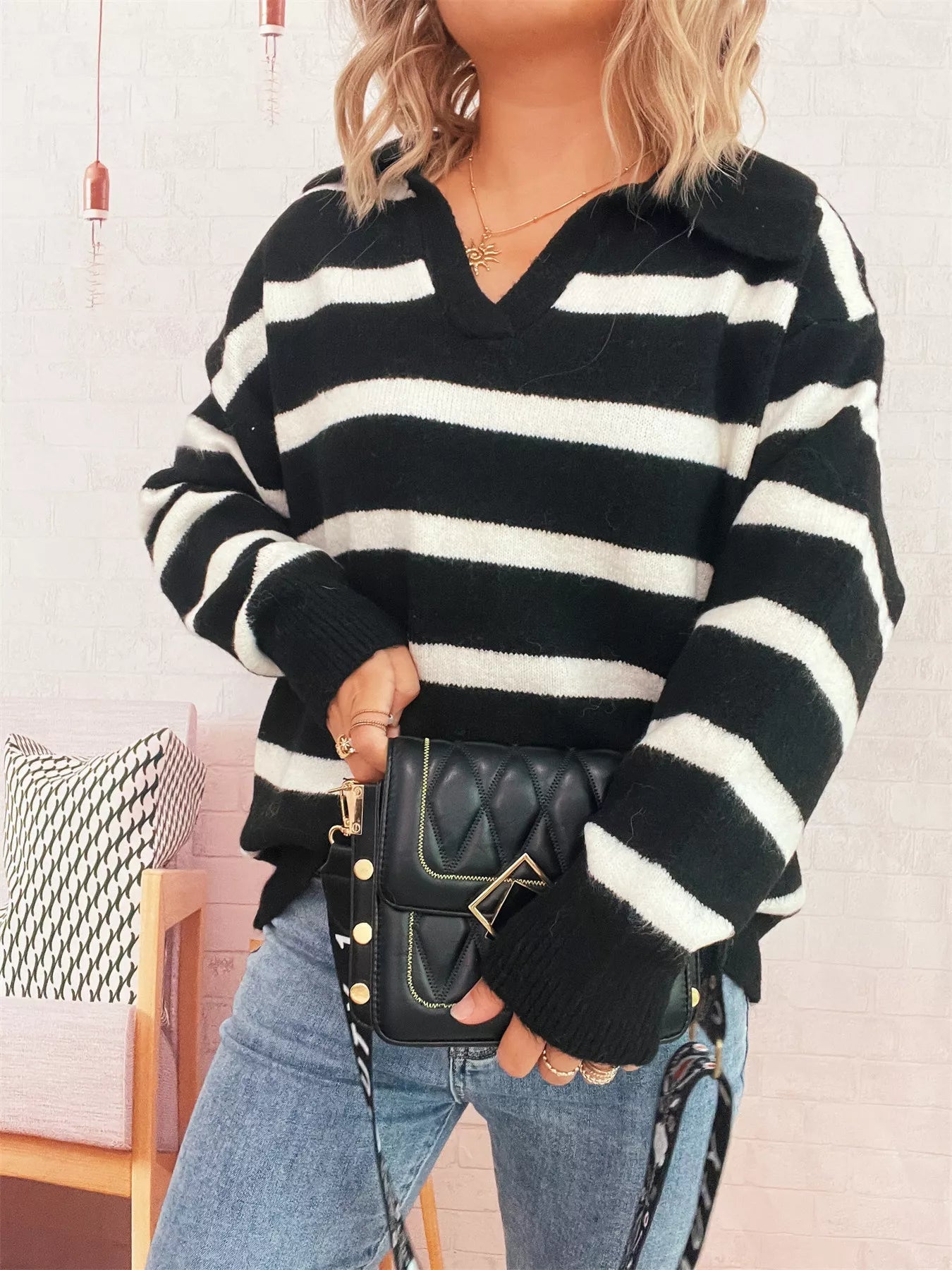 Striped Dropped Shoulder Sweater - MAD RUFFI