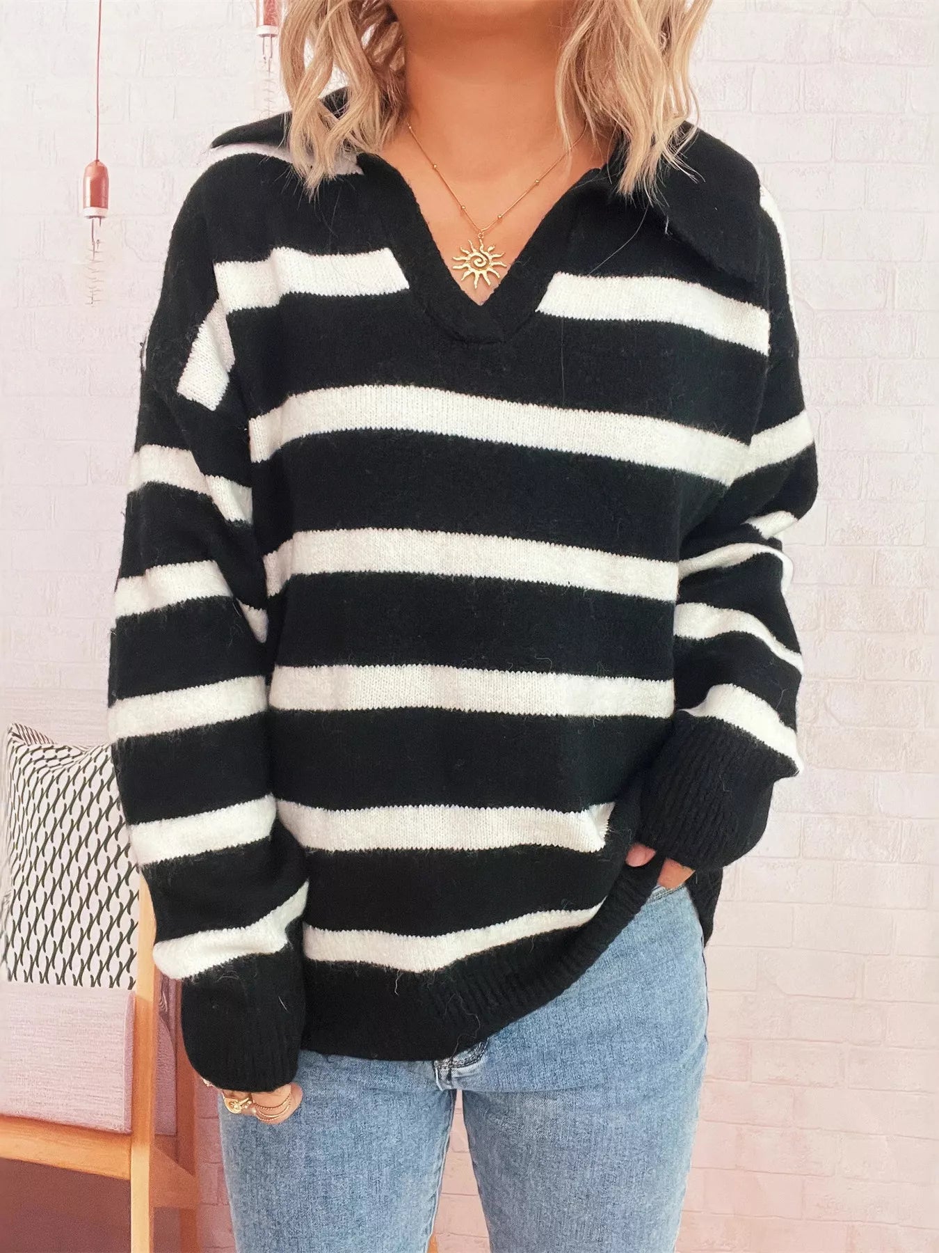 Striped Dropped Shoulder Sweater - MAD RUFFI