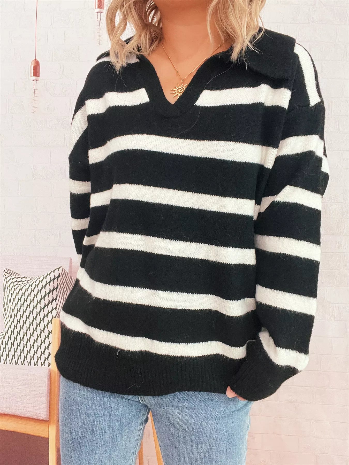 Striped Dropped Shoulder Sweater - MAD RUFFI