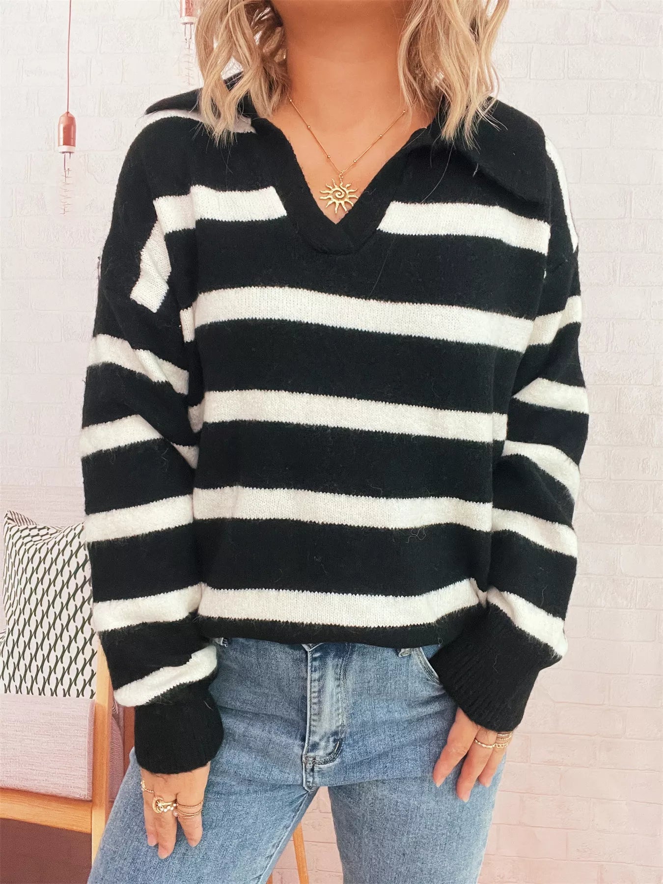 Striped Dropped Shoulder Sweater - MAD RUFFI