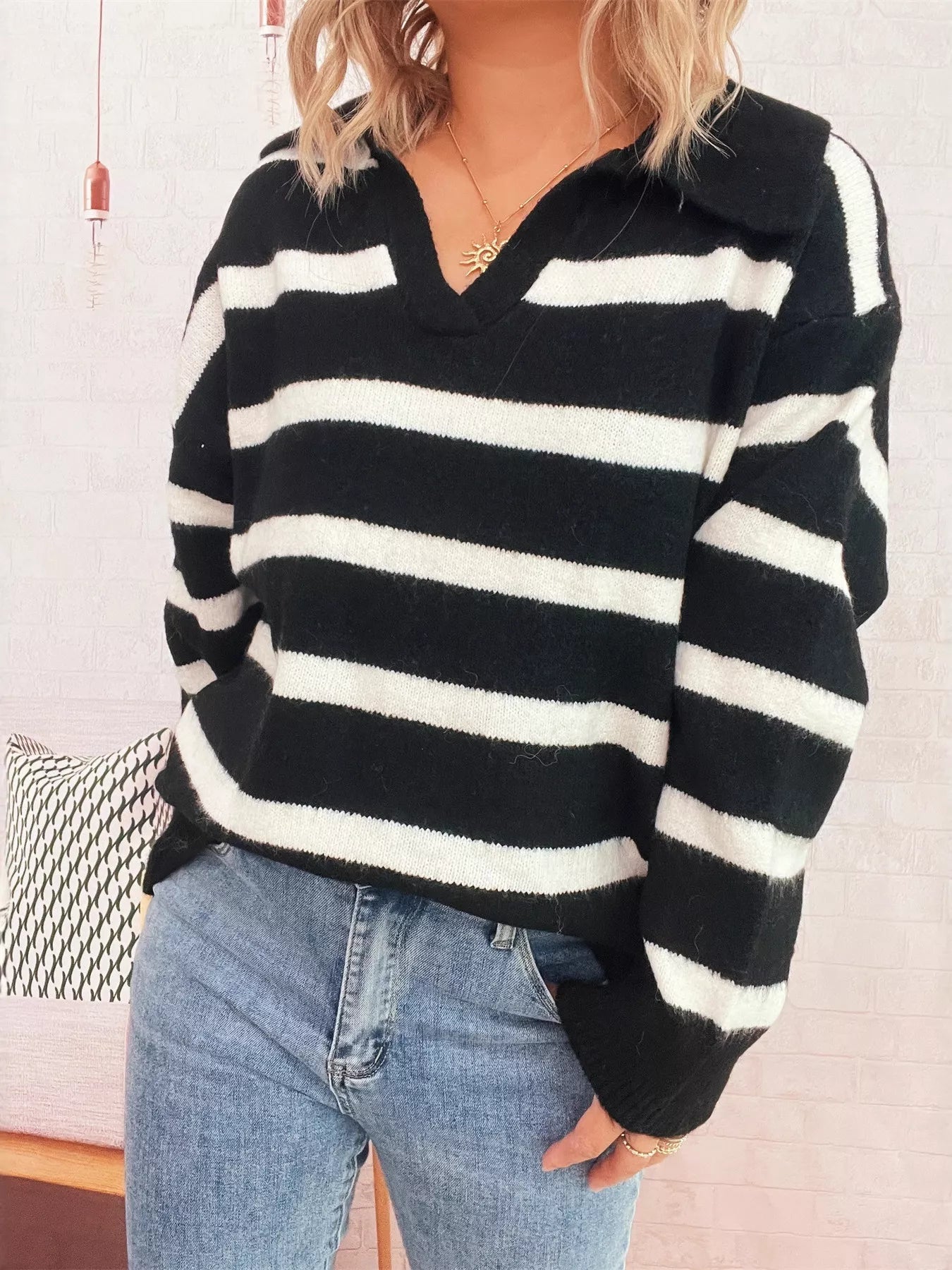 Striped Dropped Shoulder Sweater - MAD RUFFI