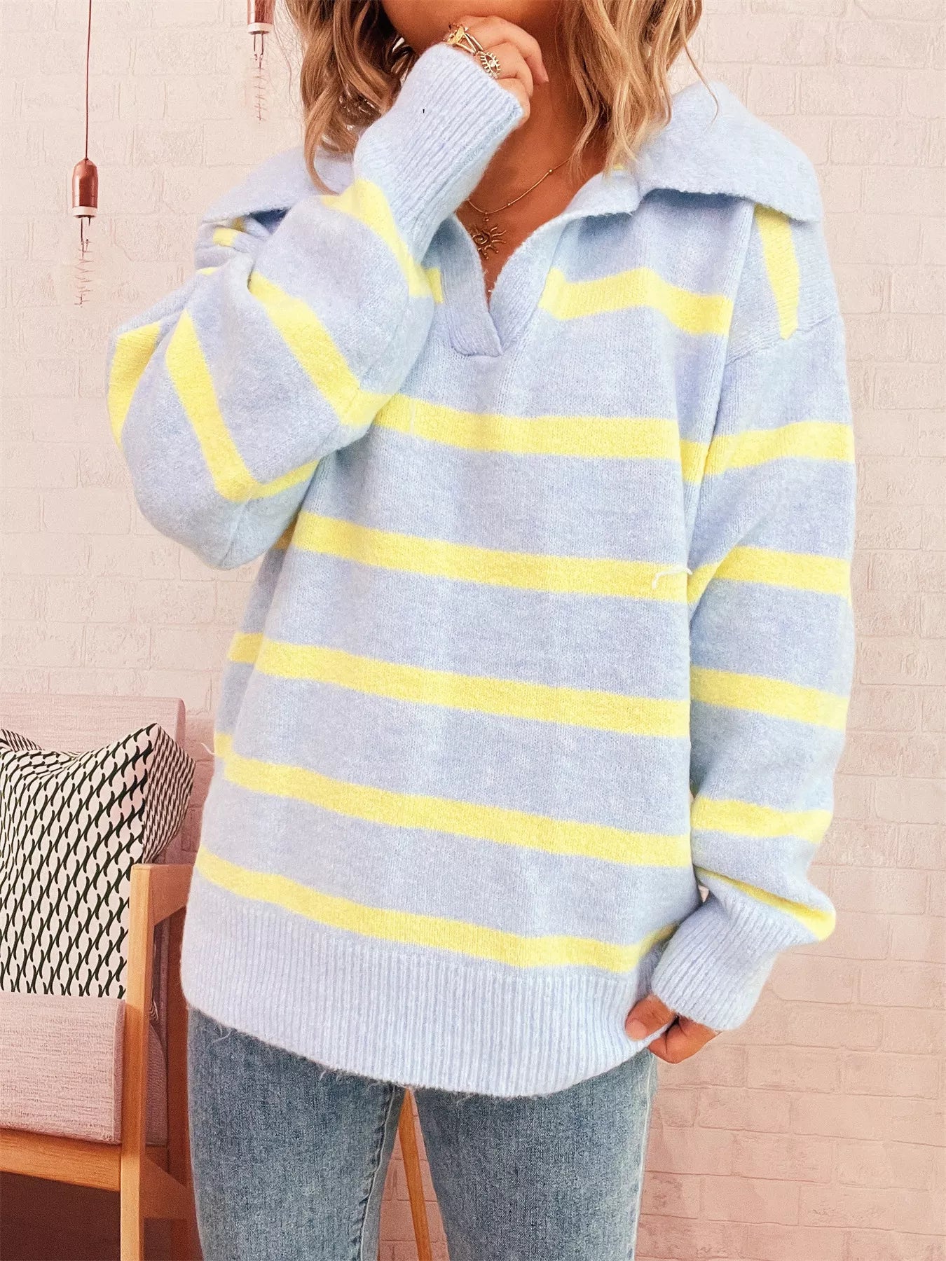 Striped Dropped Shoulder Sweater - MAD RUFFI