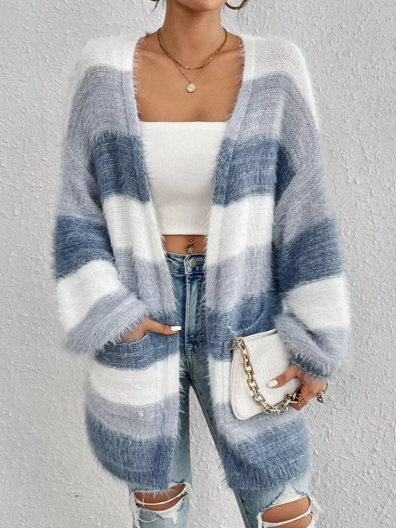 Striped Fuzzy Knit Open Front Cardigan - MAD RUFFI