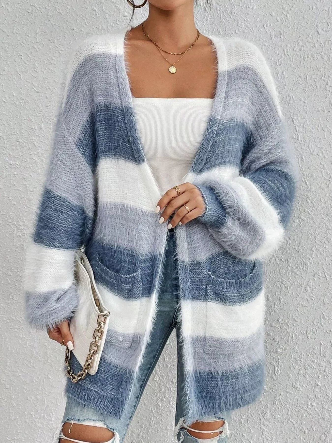 Striped Fuzzy Knit Open Front Cardigan - MAD RUFFI