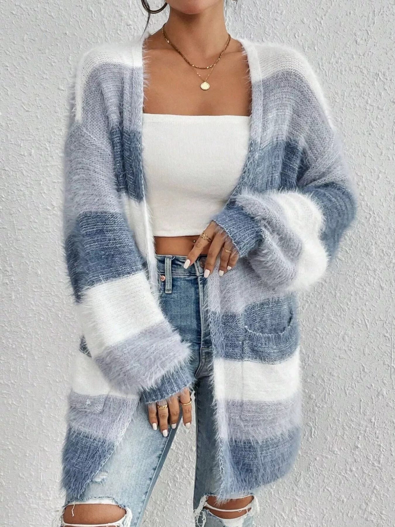 Striped Fuzzy Knit Open Front Cardigan - MAD RUFFI