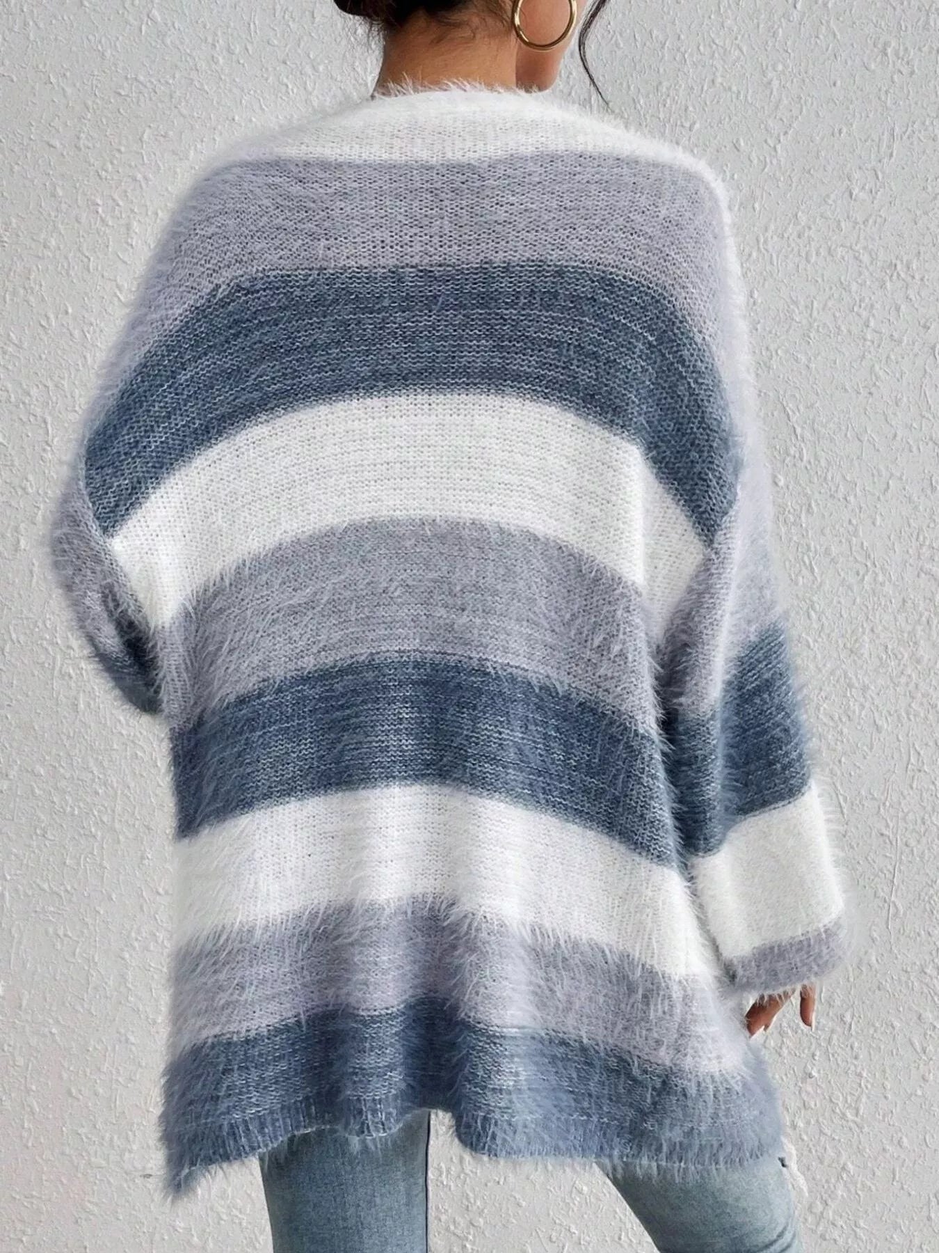 Striped Fuzzy Knit Open Front Cardigan - MAD RUFFI
