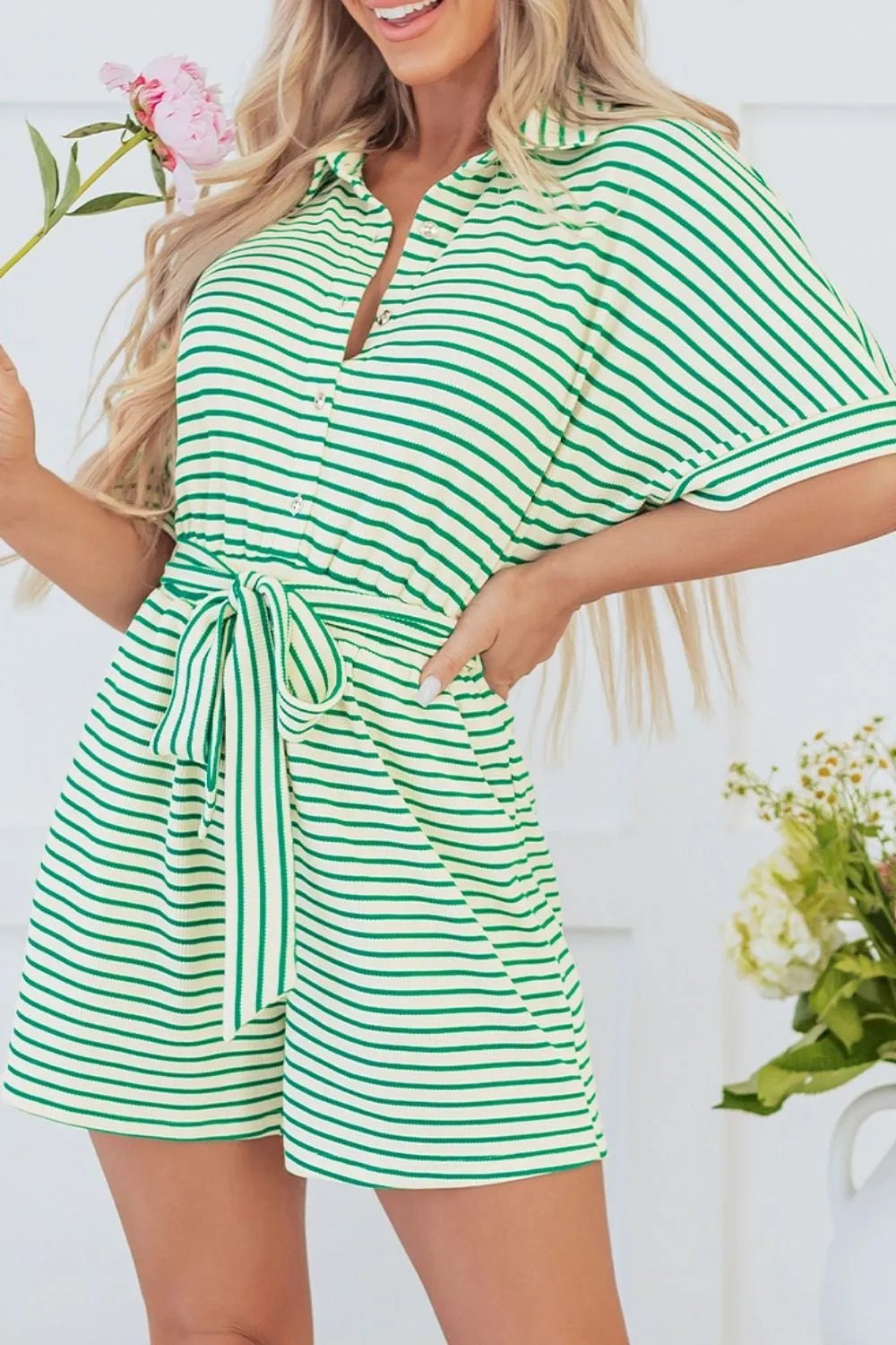 Striped Half Sleeve Tie Waist Romper - MAD RUFFI