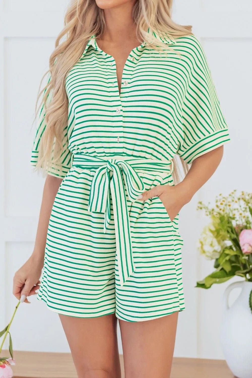 Striped Half Sleeve Tie Waist Romper - MAD RUFFI