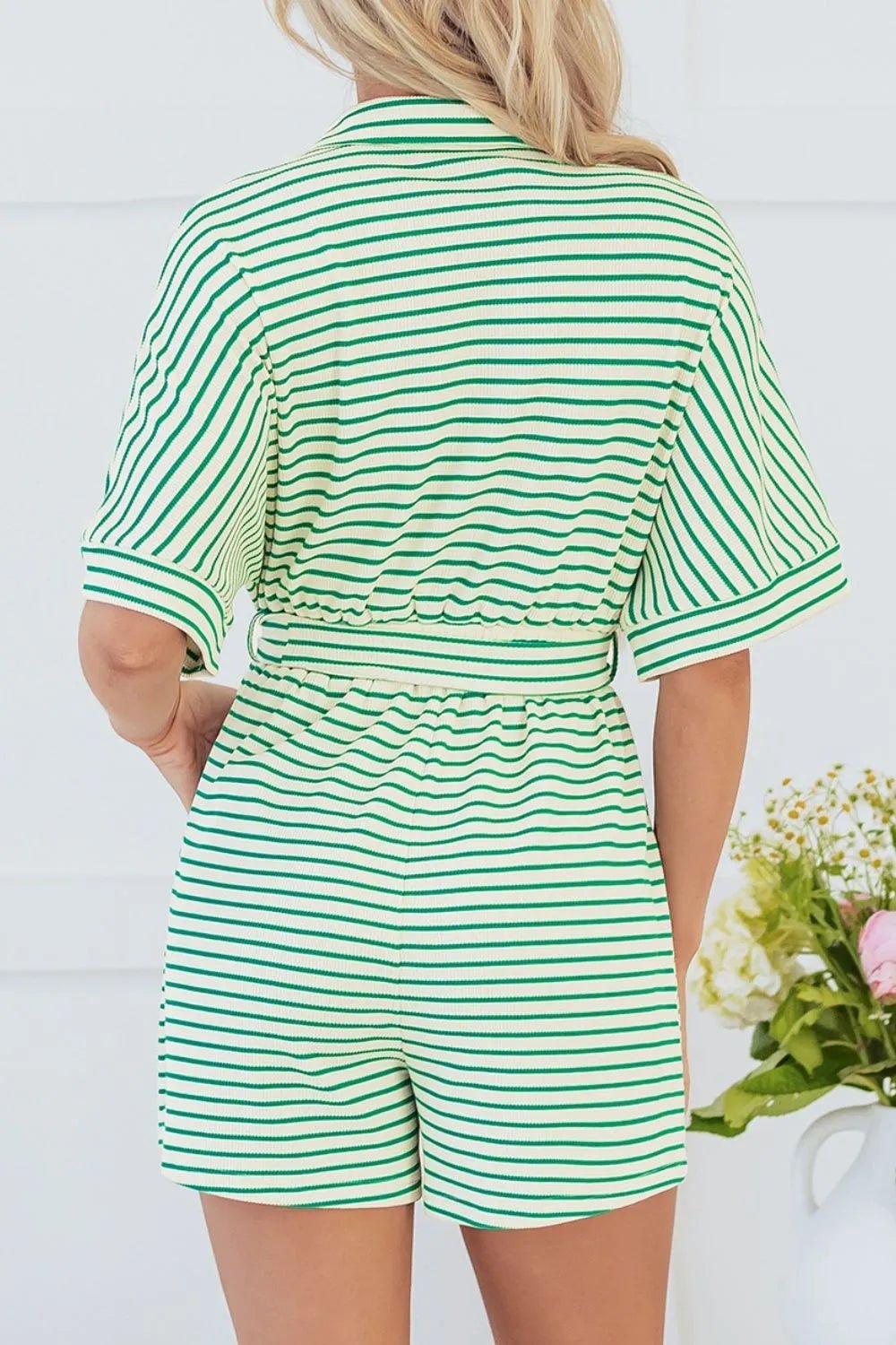 Striped Half Sleeve Tie Waist Romper - MAD RUFFI
