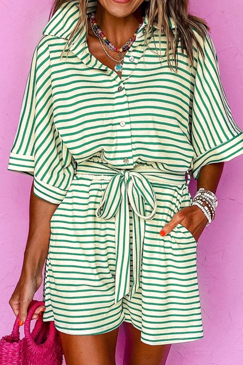 Striped Half Sleeve Tie Waist Romper - MAD RUFFI