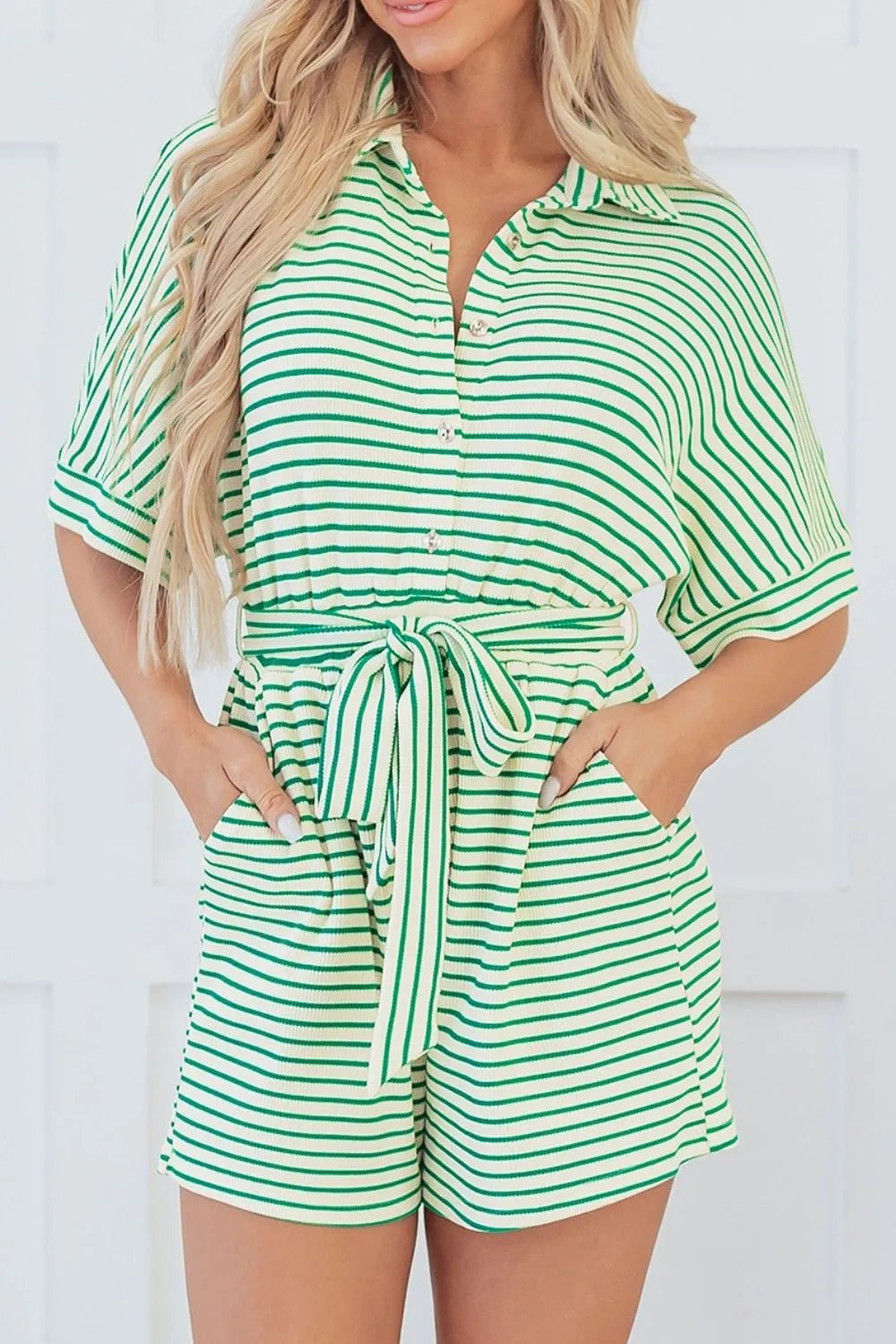 Striped Half Sleeve Tie Waist Romper - MAD RUFFI