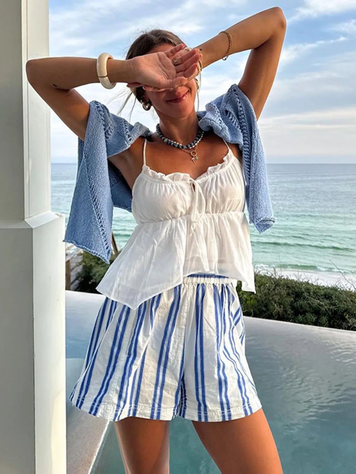 Striped High - Waist Linen Blend Summer Shorts - MAD RUFFI