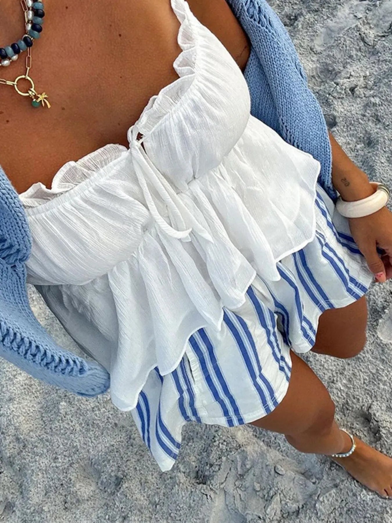 Striped High - Waist Linen Blend Summer Shorts - MAD RUFFI