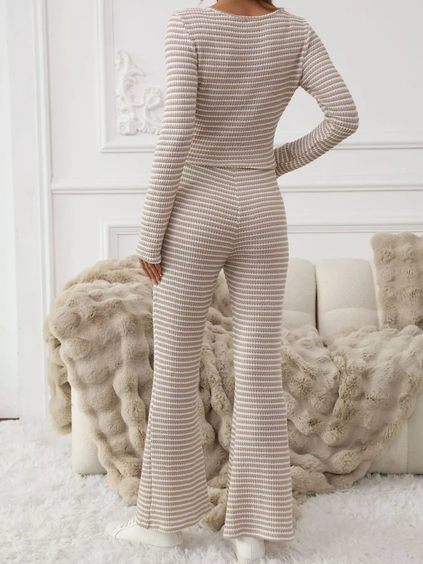 Striped Knit Long Sleeve Top & Flare Leg Pants Set - MAD RUFFI