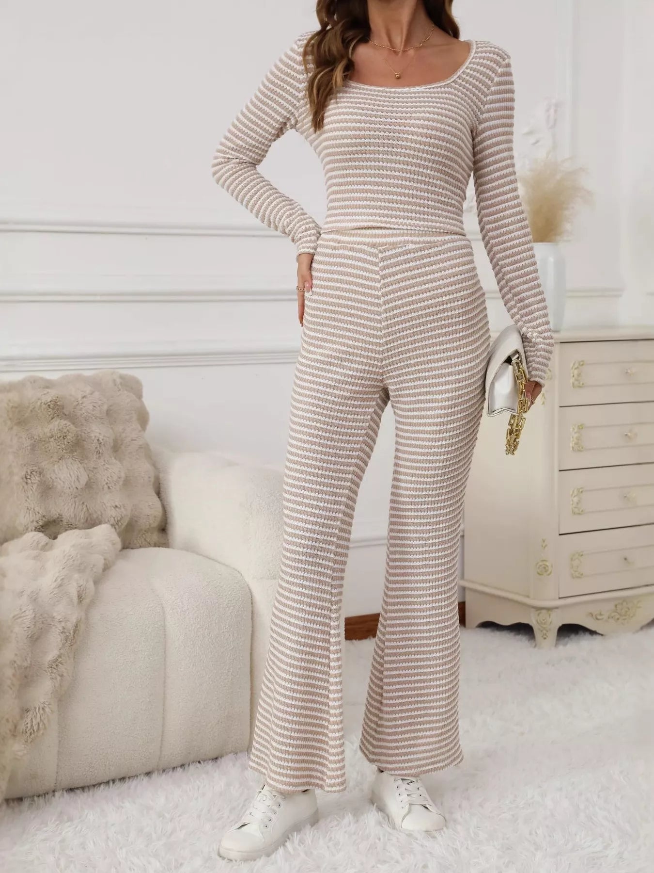 Striped Knit Long Sleeve Top & Flare Leg Pants Set - MAD RUFFI