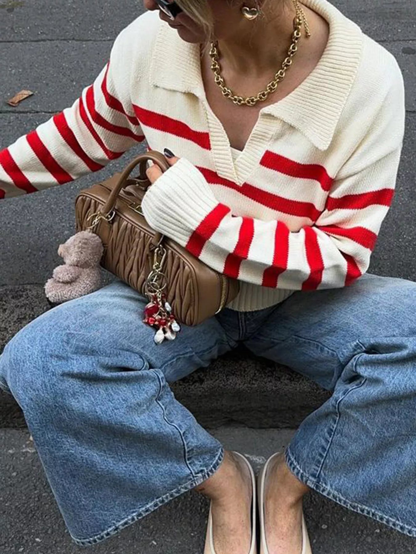 Striped Knit Polo Collar Sweater - MAD RUFFI