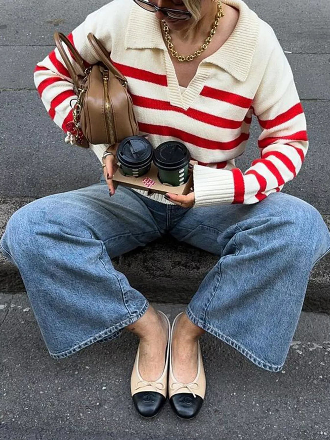 Striped Knit Polo Collar Sweater - MAD RUFFI