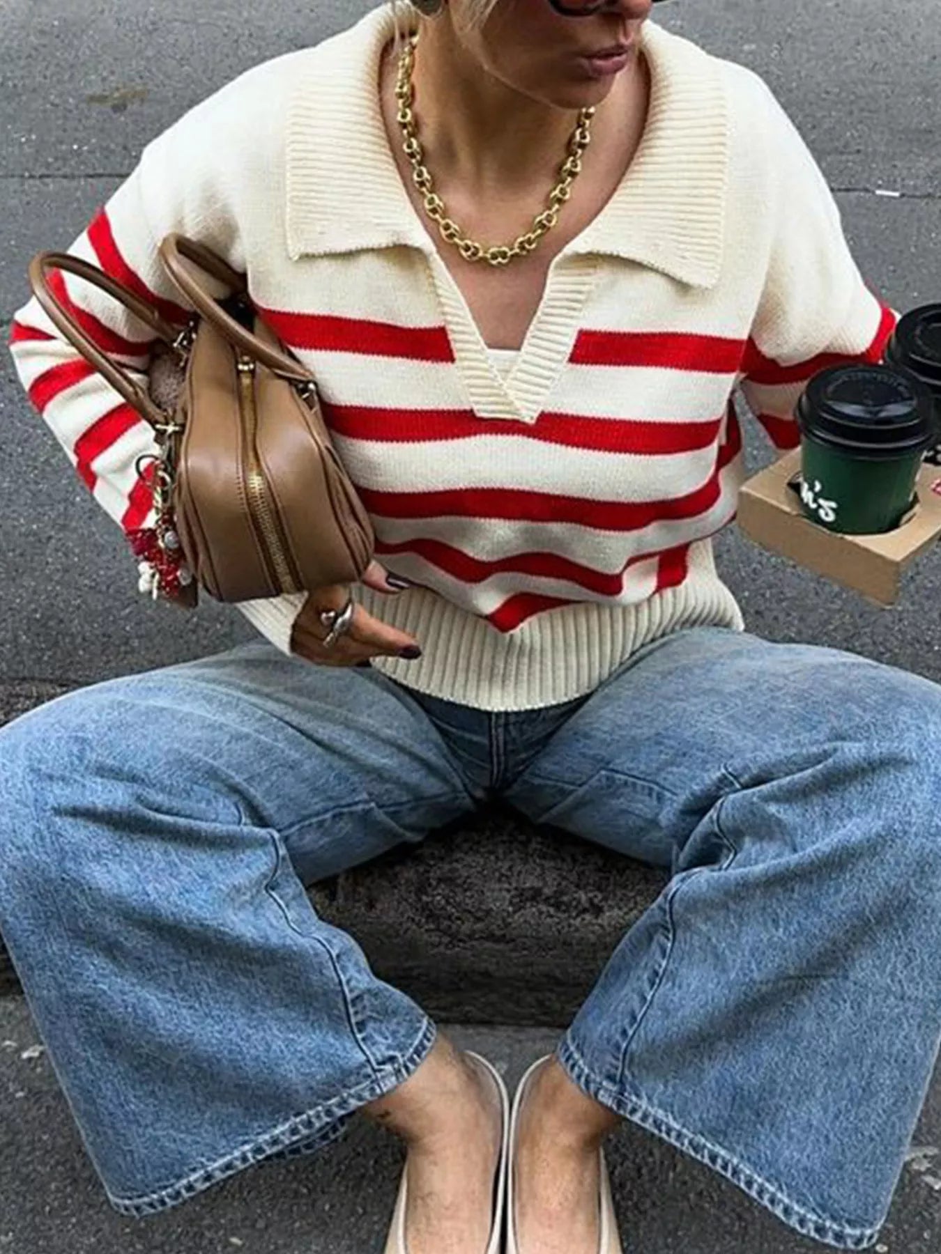 Striped Knit Polo Collar Sweater - MAD RUFFI