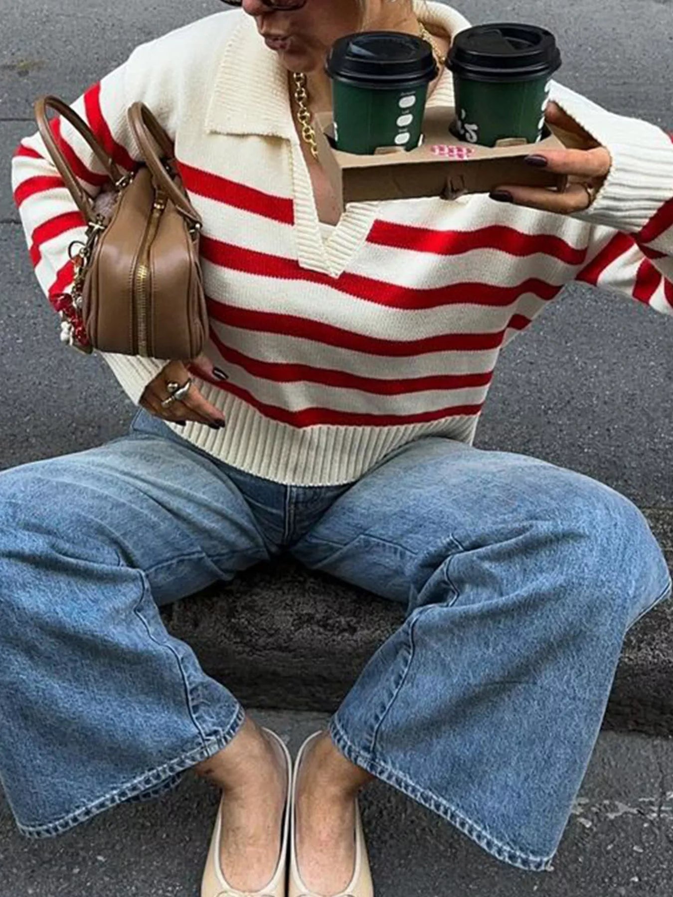 Striped Knit Polo Collar Sweater - MAD RUFFI