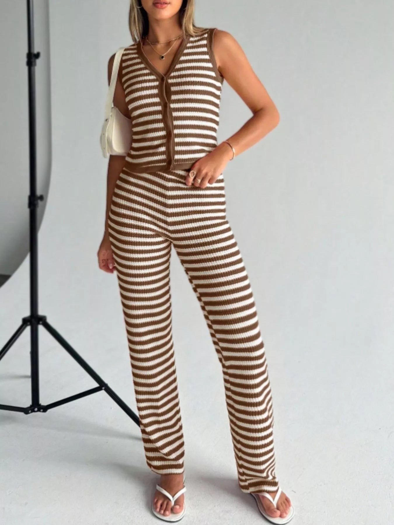 Striped Knit Sleeveless Top and Pants Set - MAD RUFFI