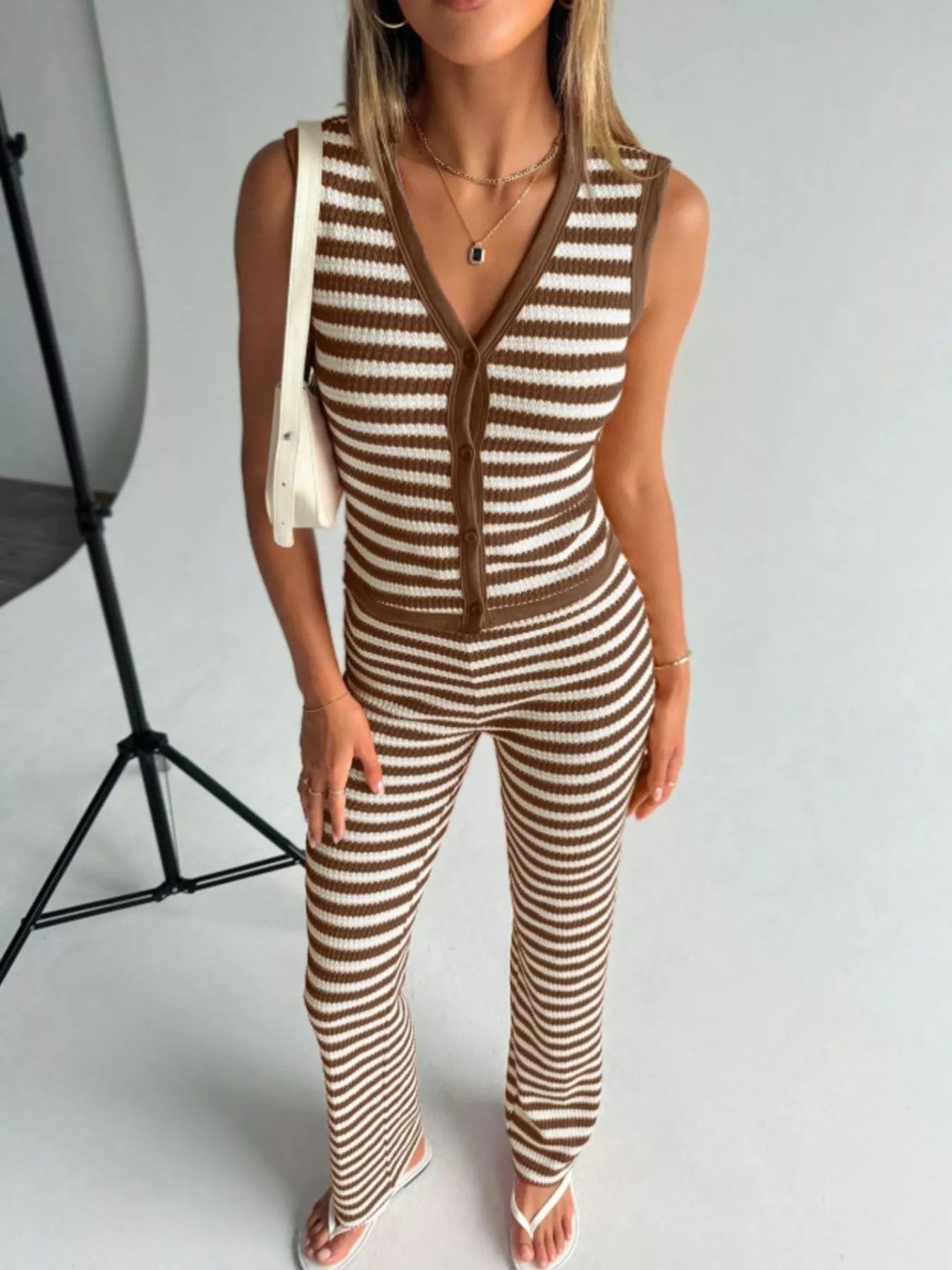 Striped Knit Sleeveless Top and Pants Set - MAD RUFFI