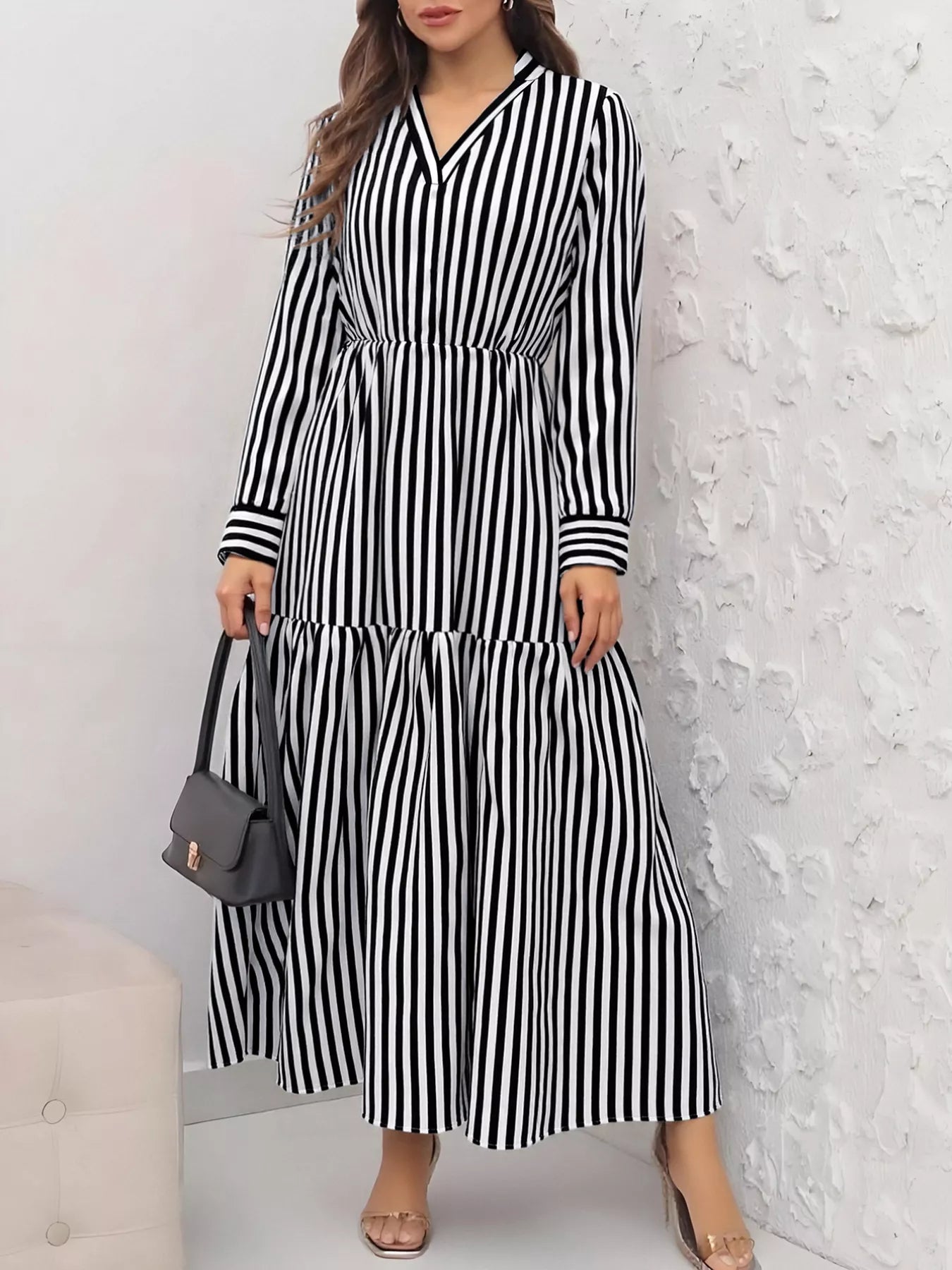 Striped Notched Long Sleeve Midi Dress - MAD RUFFI