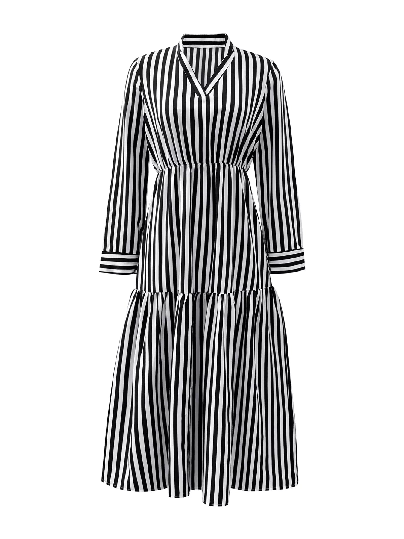 Striped Notched Long Sleeve Midi Dress - MAD RUFFI