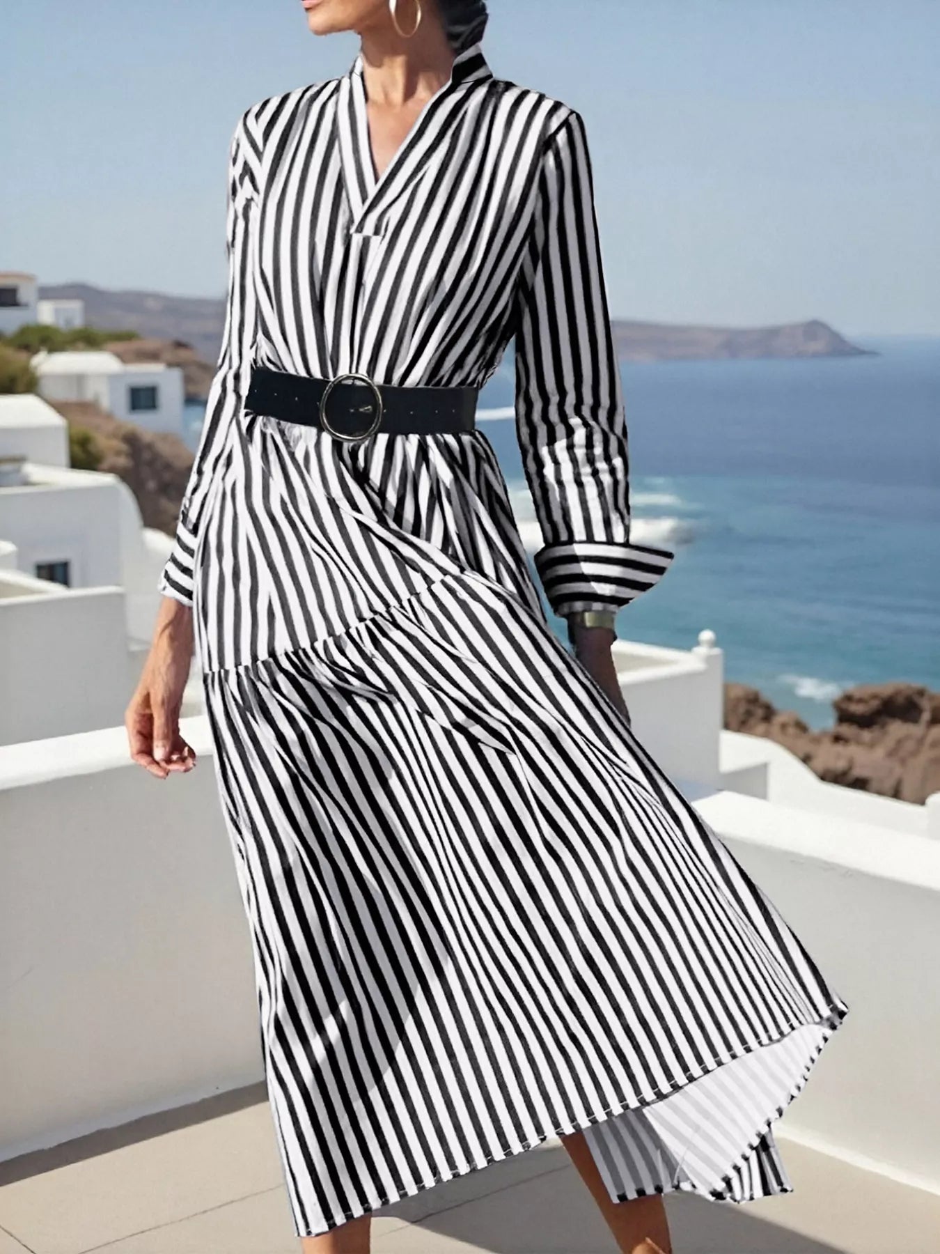 Striped Notched Long Sleeve Midi Dress - MAD RUFFI