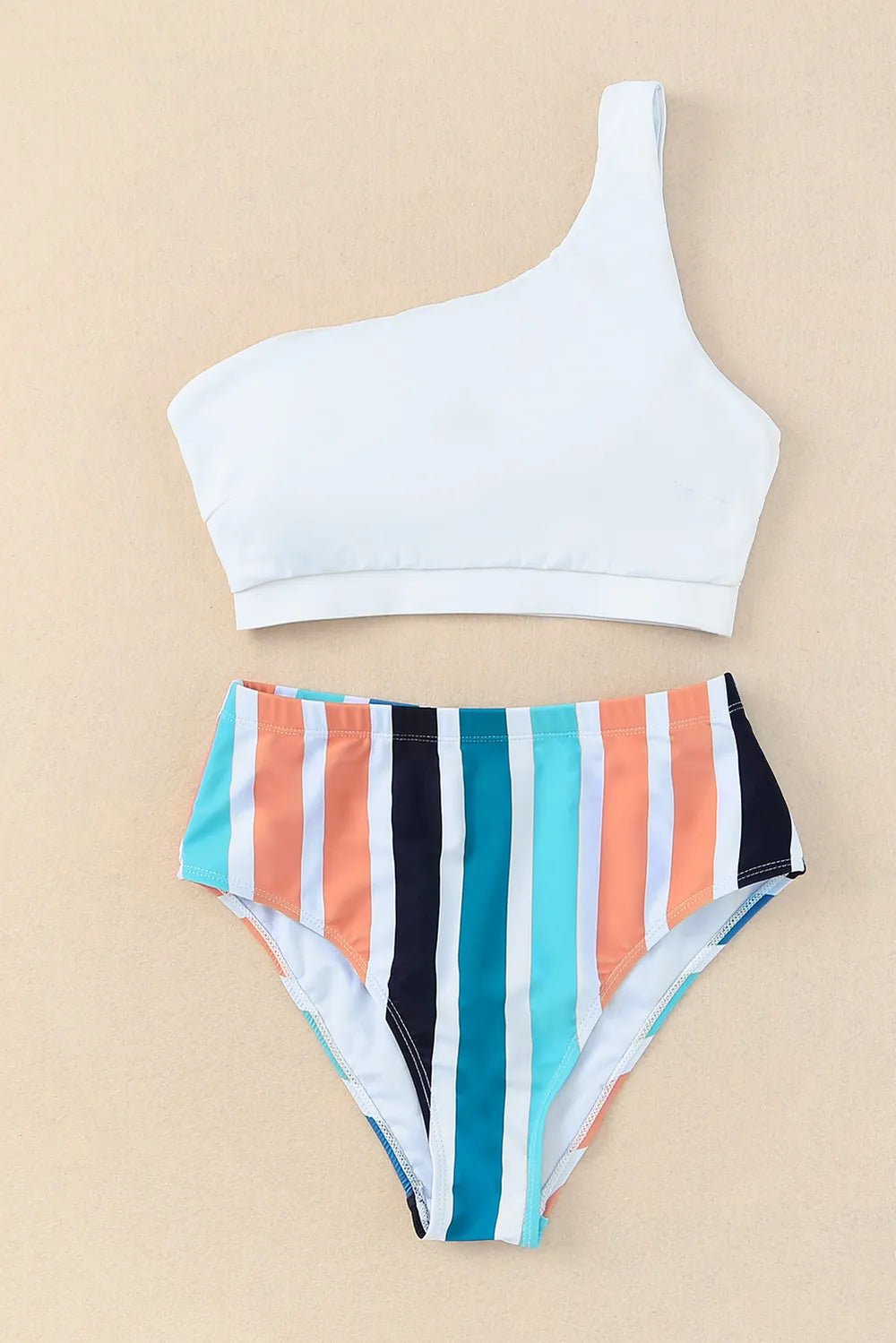 Striped One Shoulder Two - Piece Swim Set - MAD RUFFI