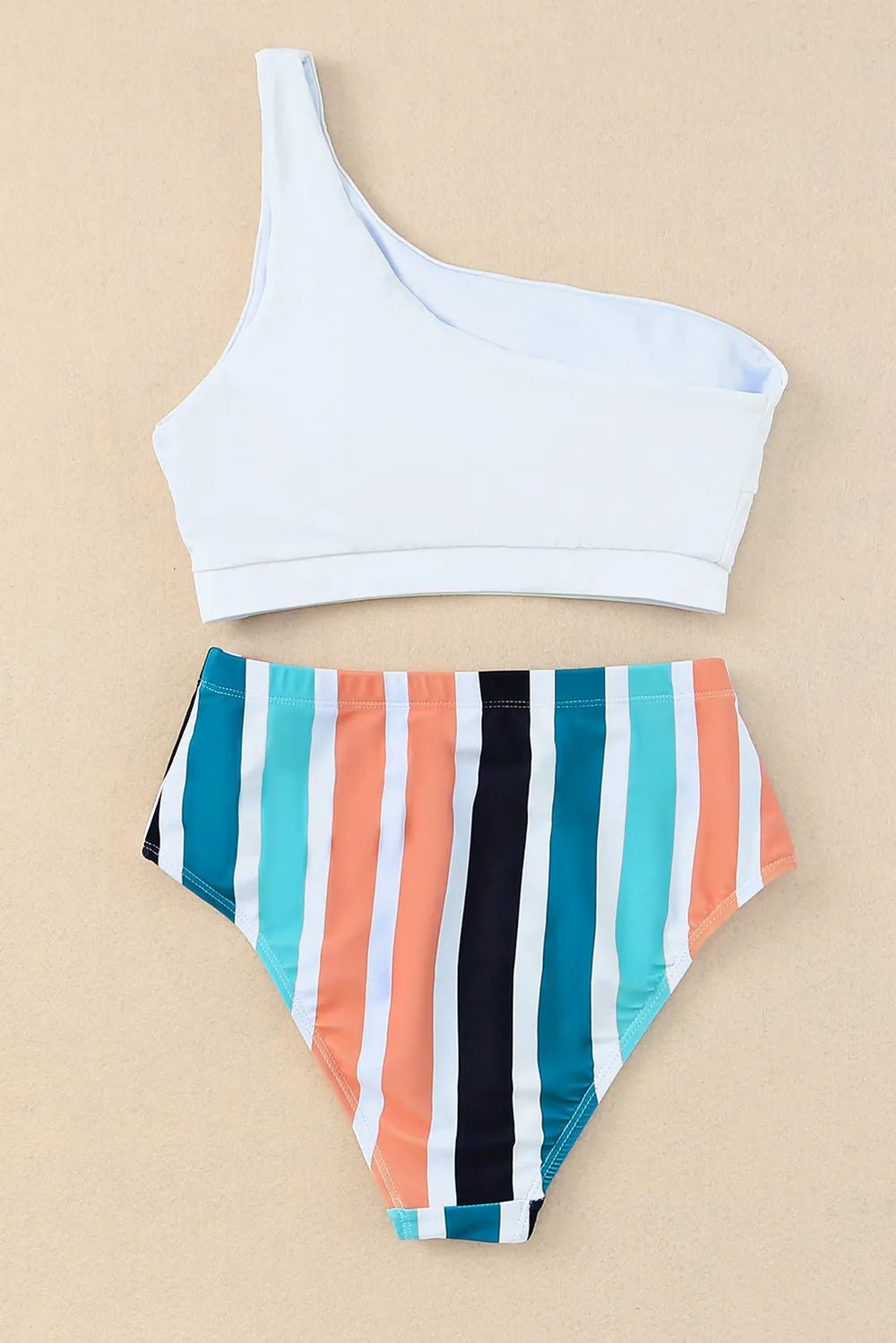Striped One Shoulder Two - Piece Swim Set - MAD RUFFI