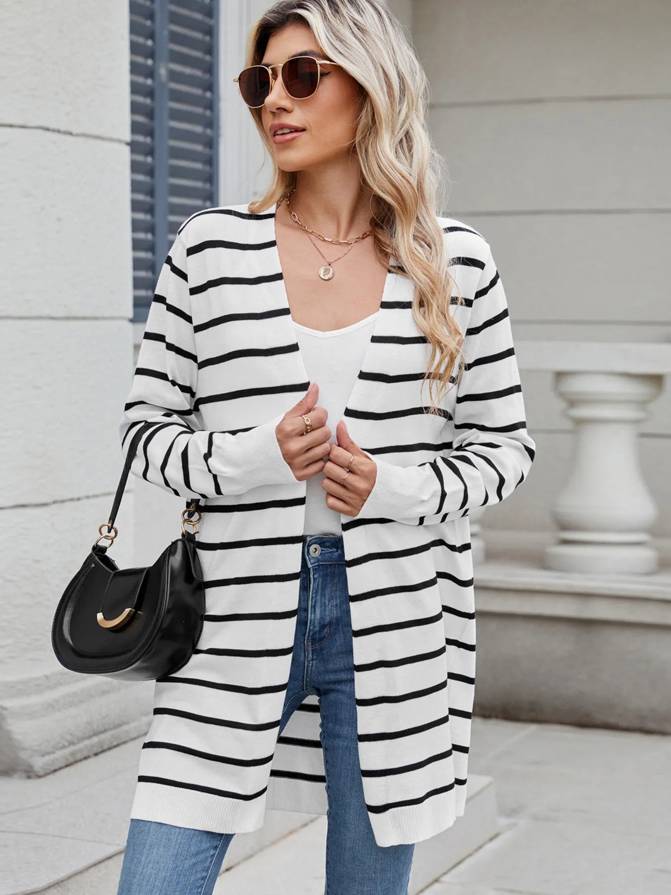 Striped Open Front Cardigan with Relaxed Fit - MAD RUFFI