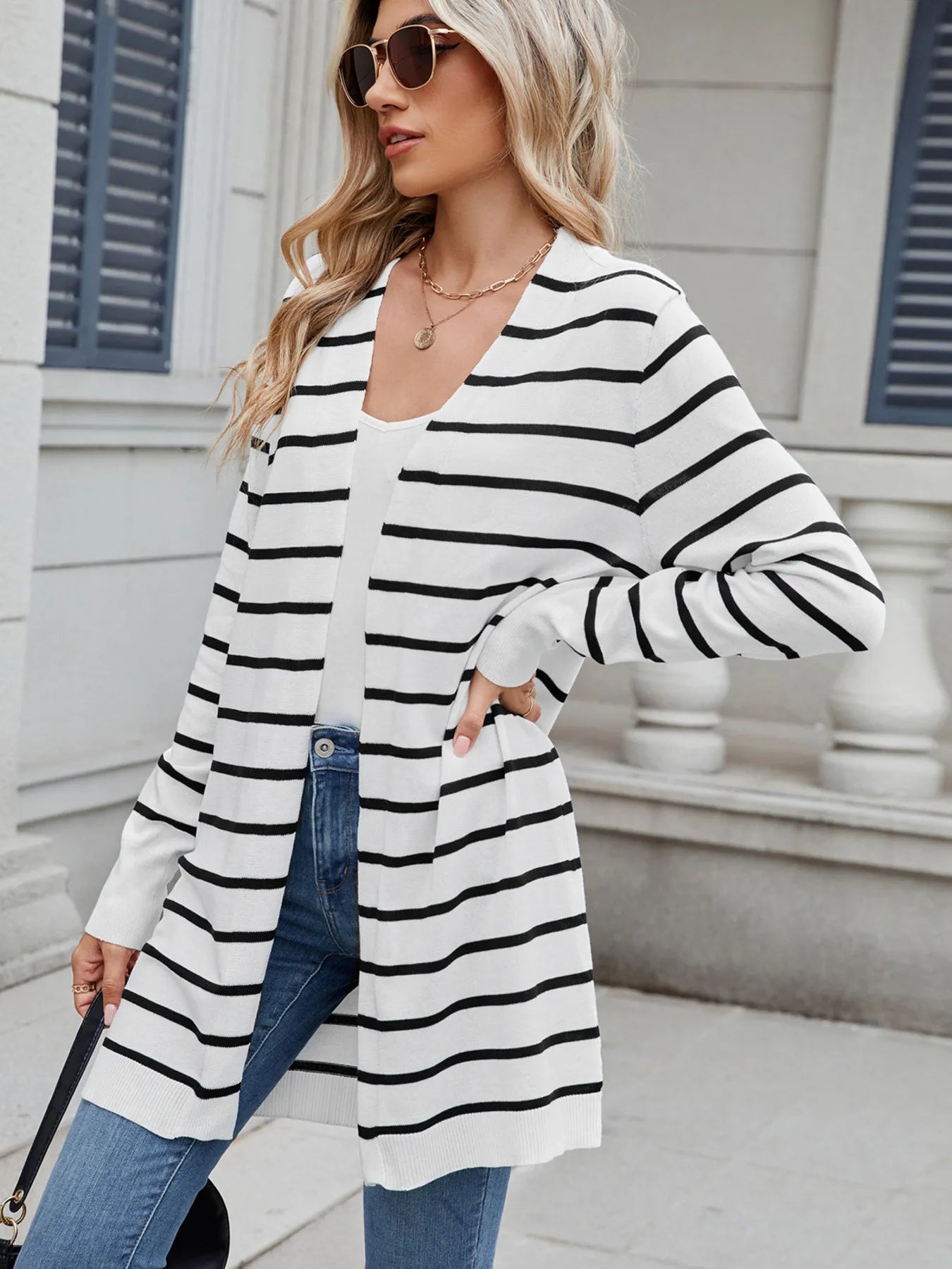 Striped Open Front Cardigan with Relaxed Fit - MAD RUFFI