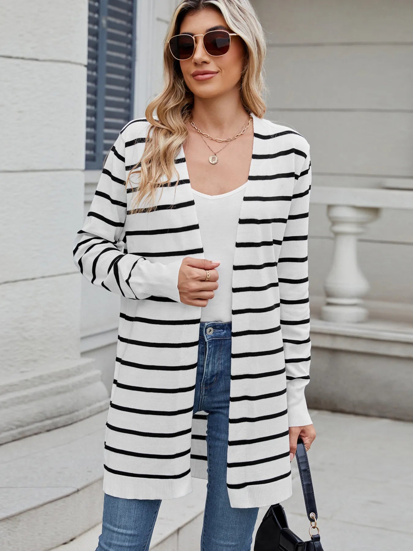 Striped Open Front Cardigan with Relaxed Fit - MAD RUFFI