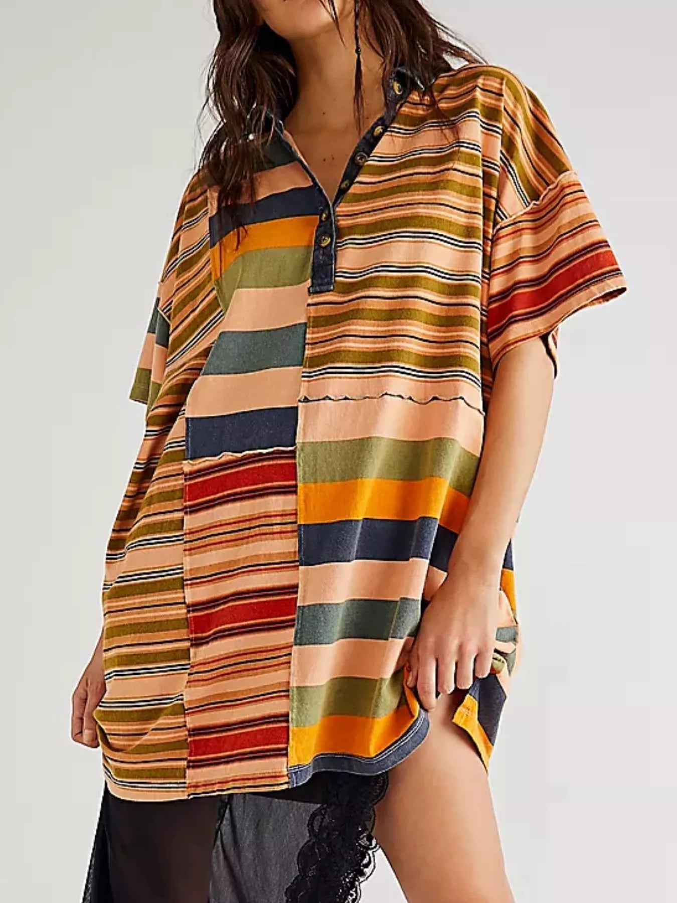Striped Oversized Half Button Shirt Dress - MAD RUFFI