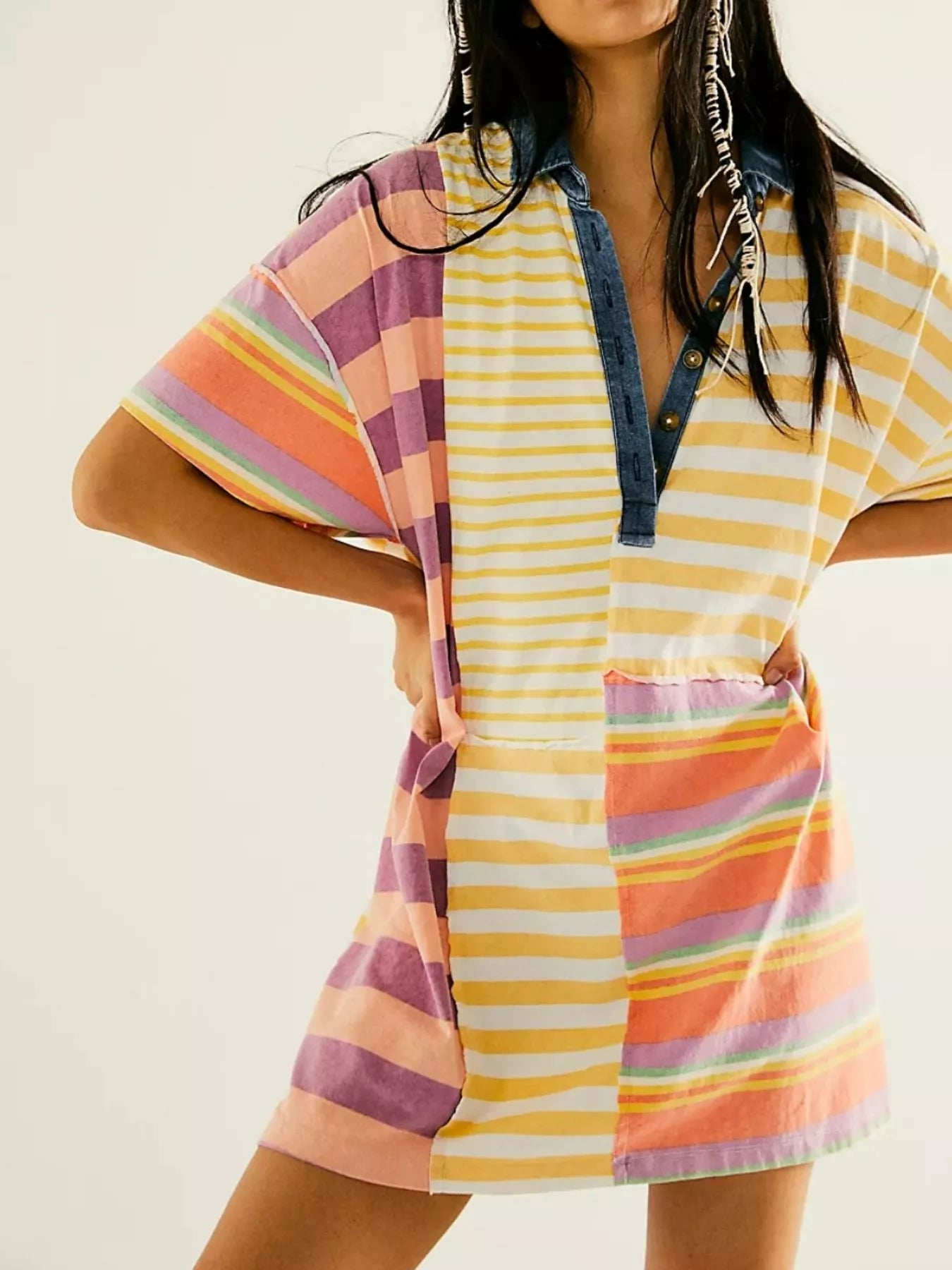 Striped Oversized Half Button Shirt Dress - MAD RUFFI