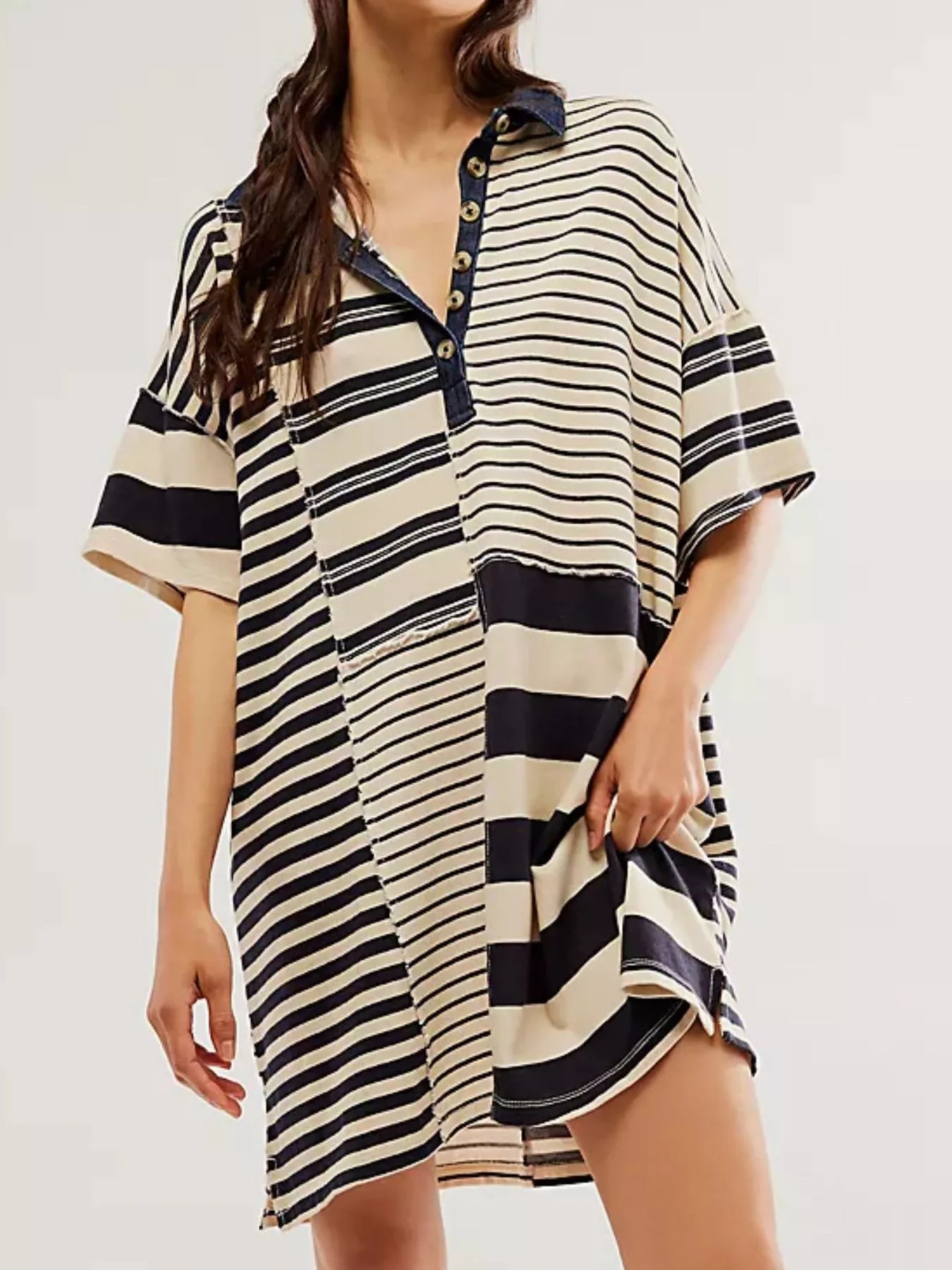 Striped Oversized Half Button Shirt Dress - MAD RUFFI