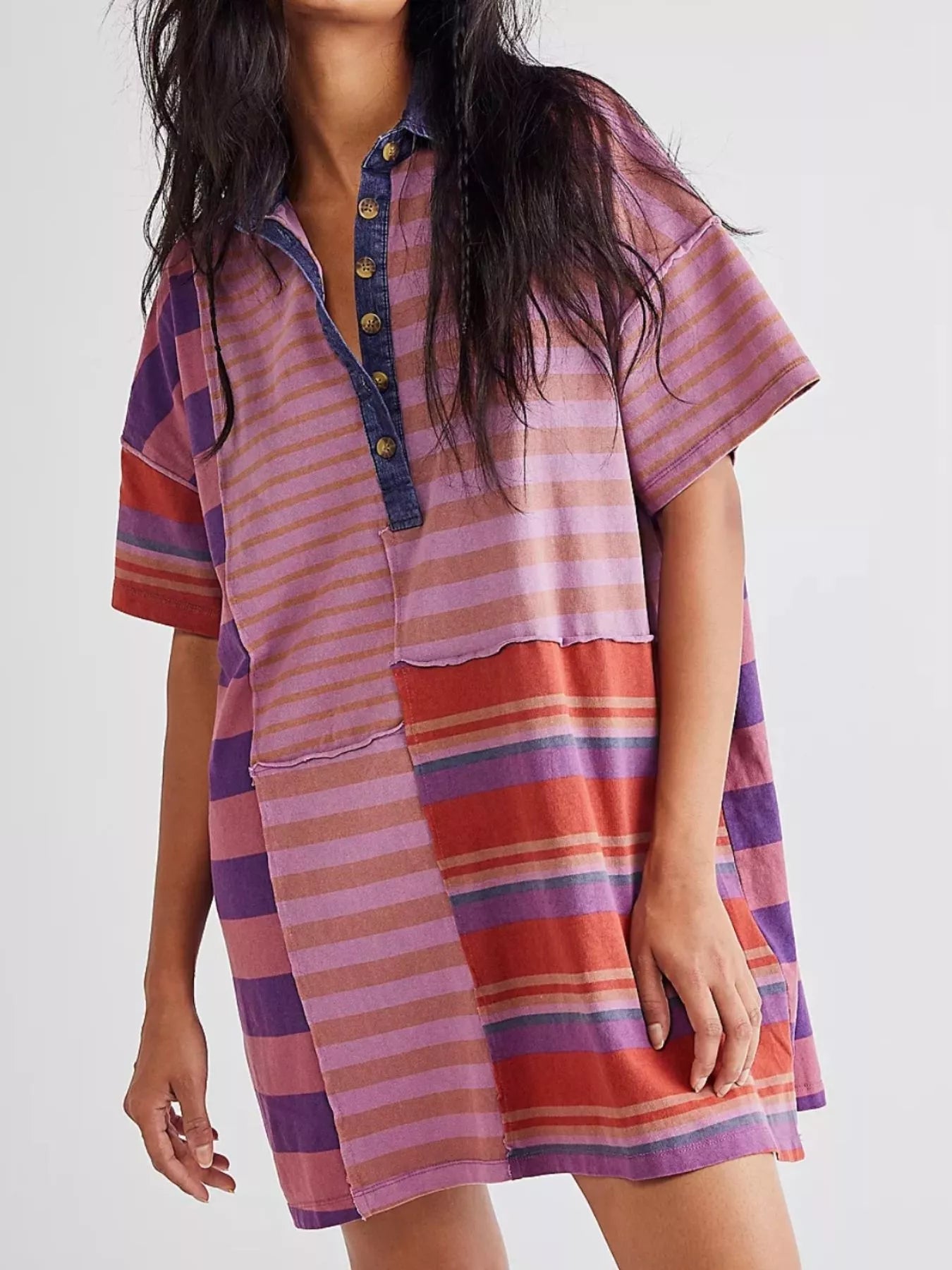 Striped Oversized Half Button Shirt Dress - MAD RUFFI