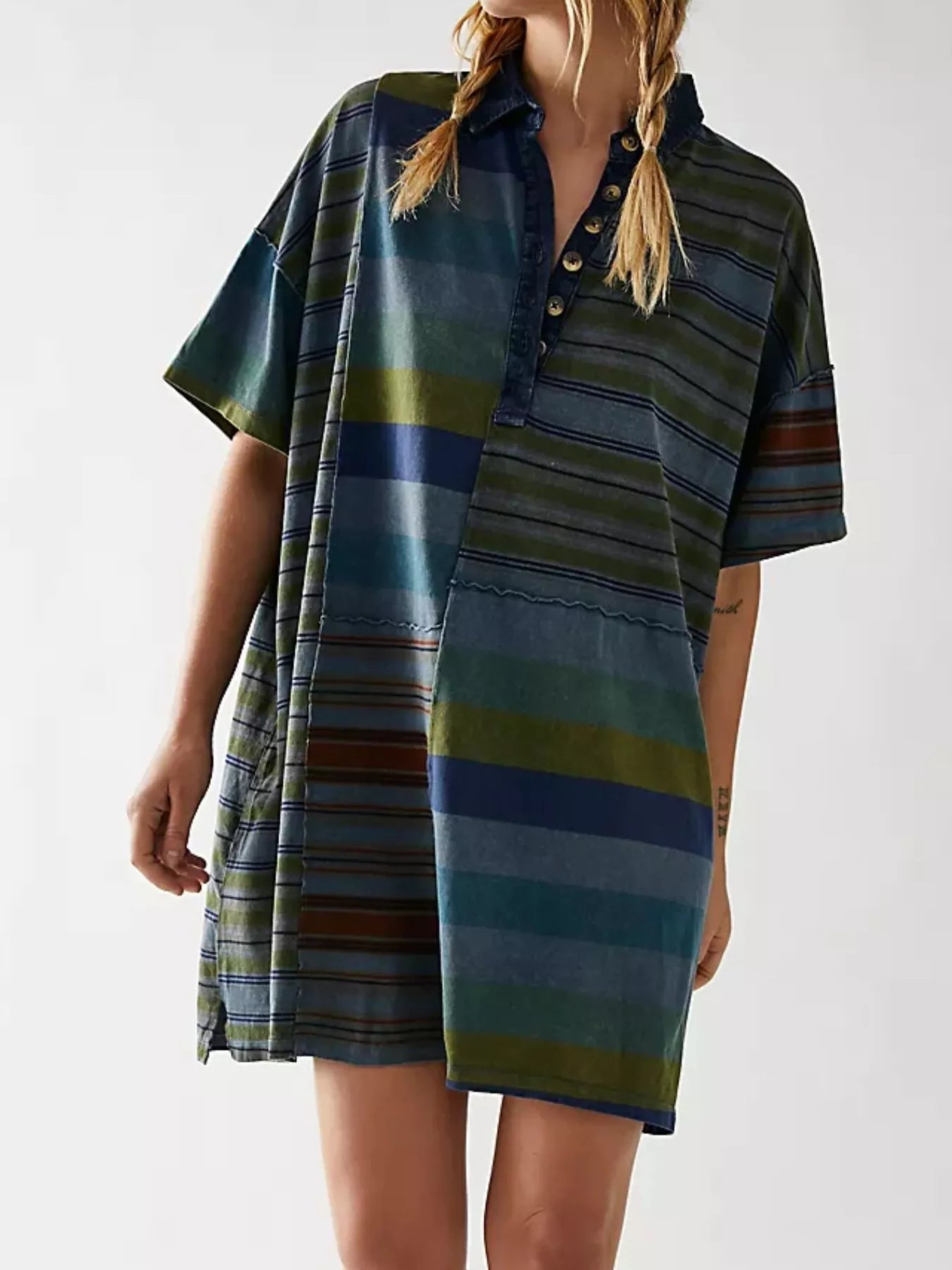 Striped Oversized Half Button Shirt Dress - MAD RUFFI
