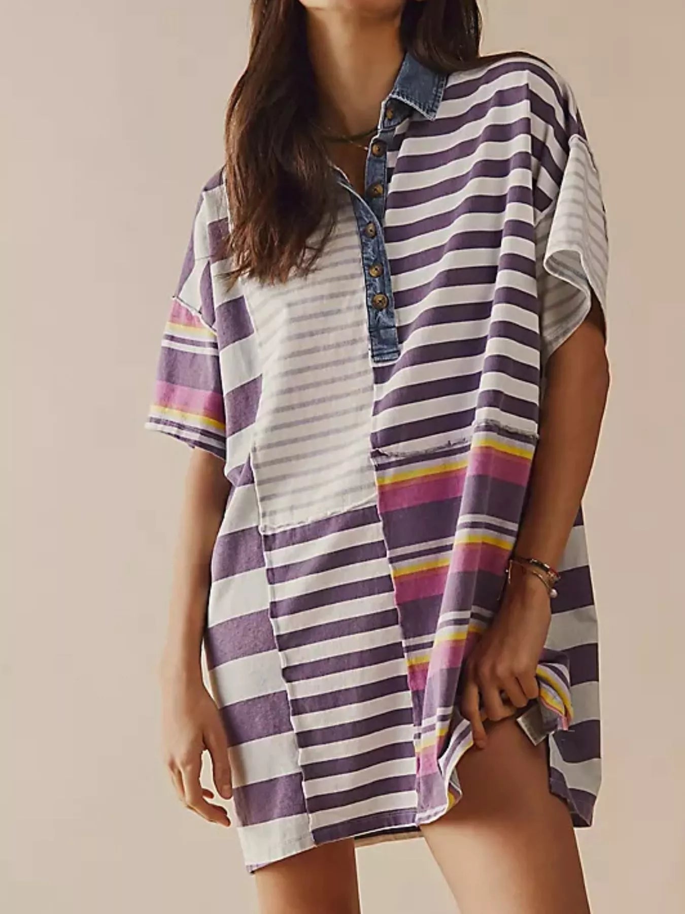 Striped Oversized Half Button Shirt Dress - MAD RUFFI