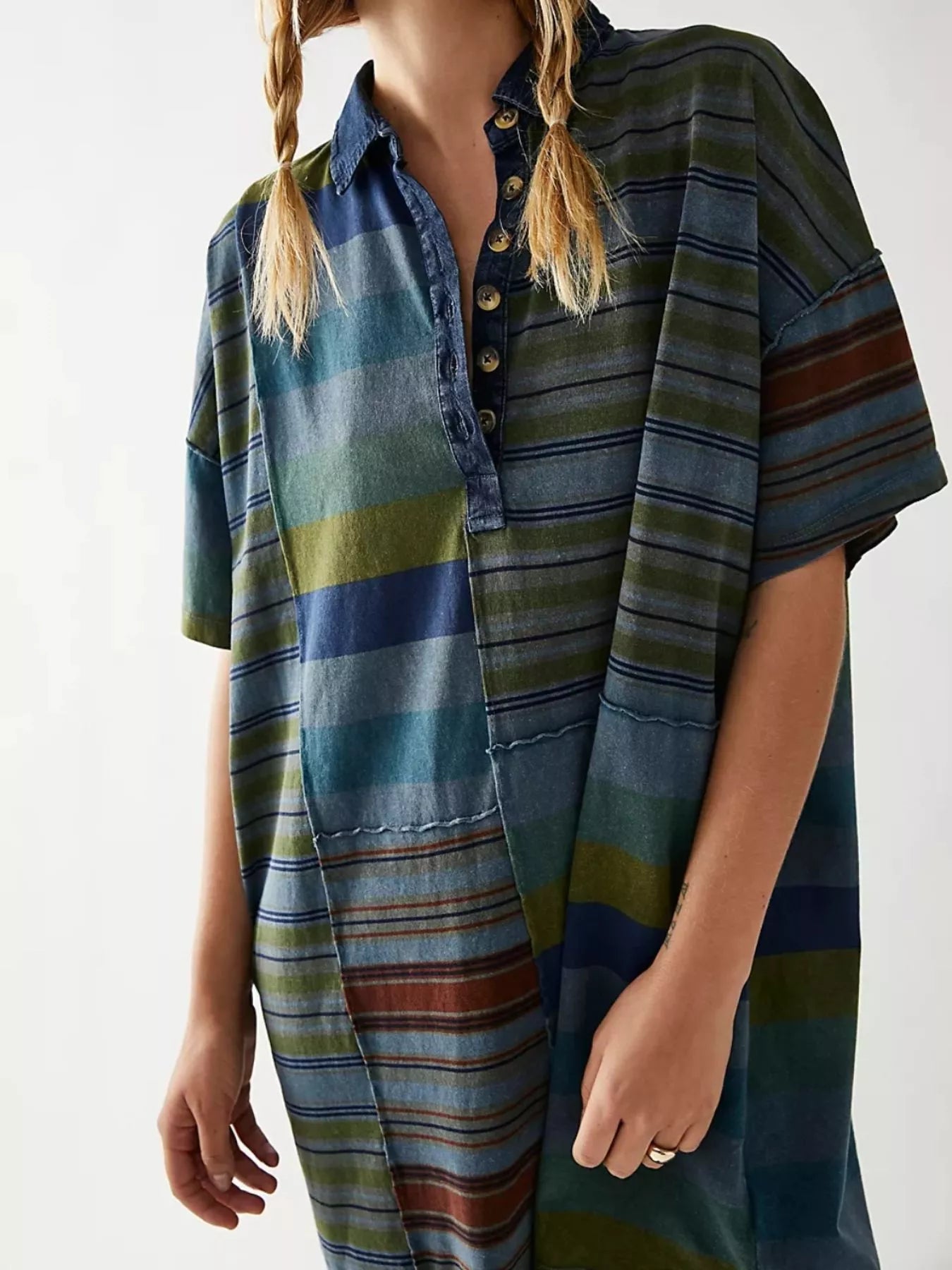 Striped Oversized Half Button Shirt Dress - MAD RUFFI