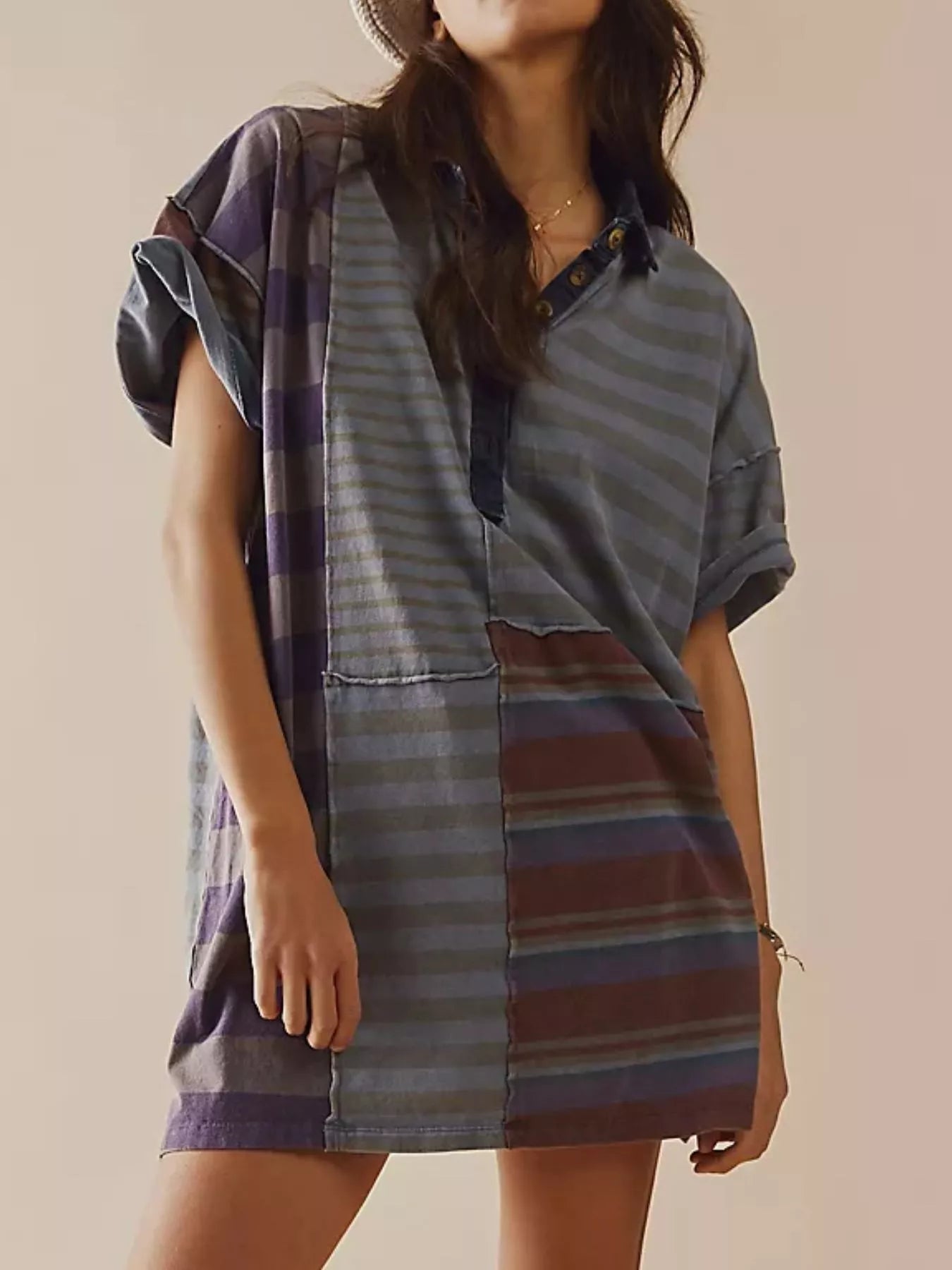Striped Oversized Half Button Shirt Dress - MAD RUFFI